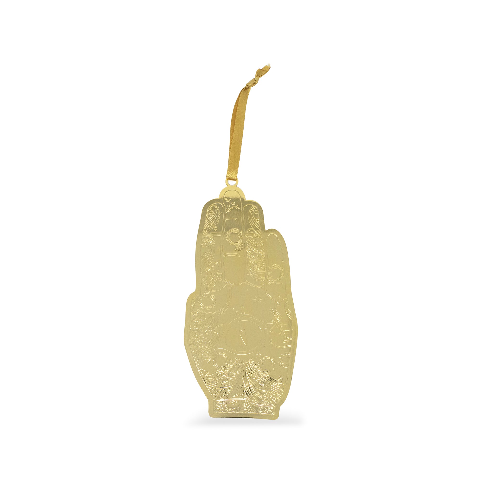 A gold-colored embossed  hand ornament  complete with a gold hanging ribbon, shown against a plain white background.