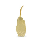 A gold-colored embossed  hand ornament  complete with a gold hanging ribbon, shown against a plain white background.