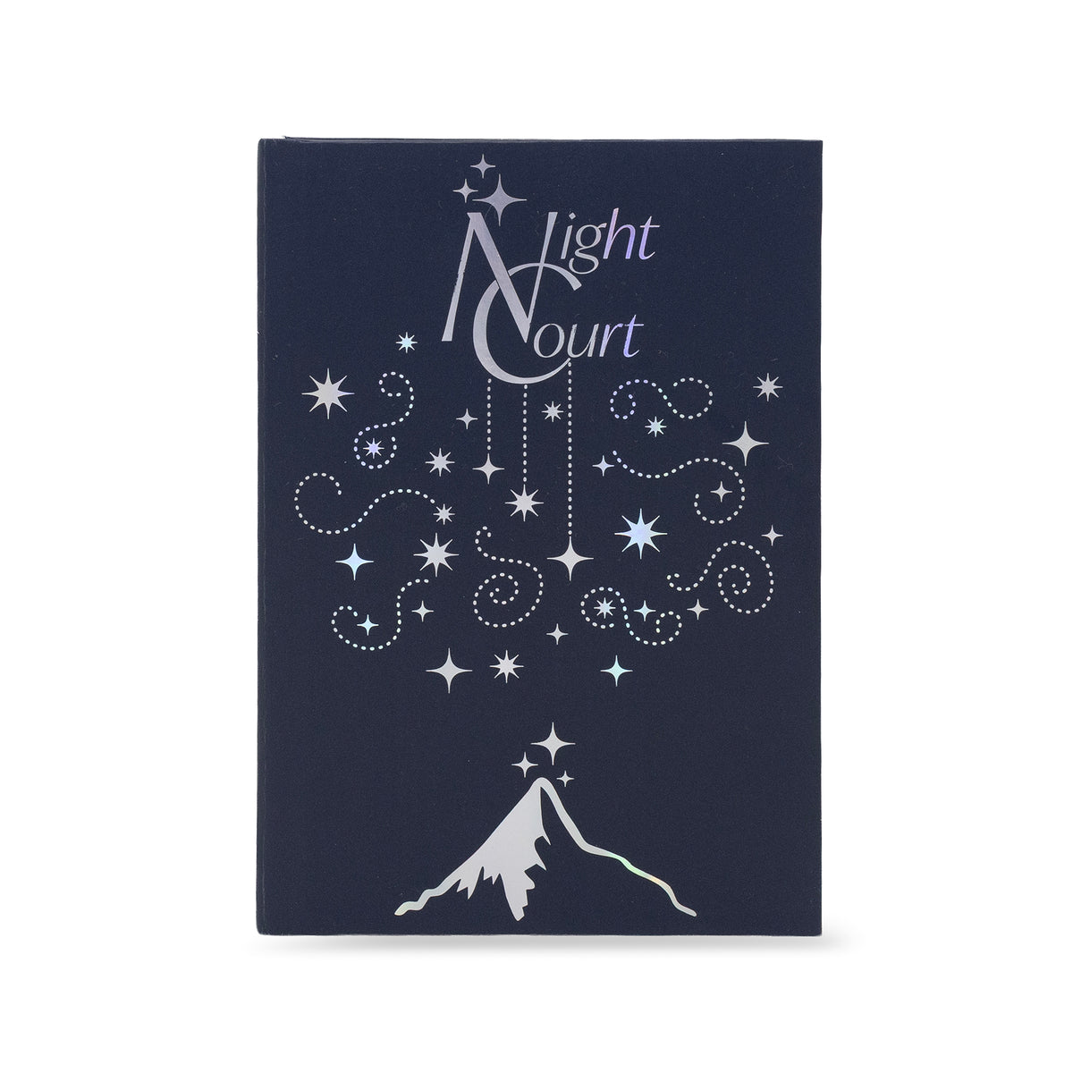 A dark navy blue book packaging with a silver and white celestial design featuring stars, swirls, a mountain peak, and the words 'Night Court' on the front, set against a plain white background.