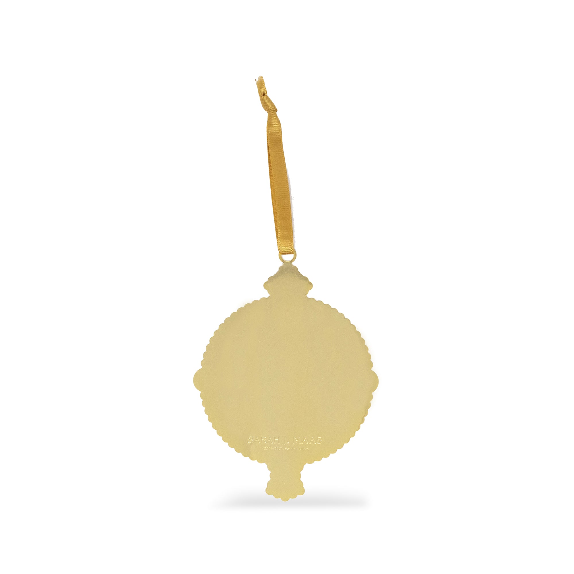 back view of suriel trading co. embossed gold ornament with gold hanging ribbon