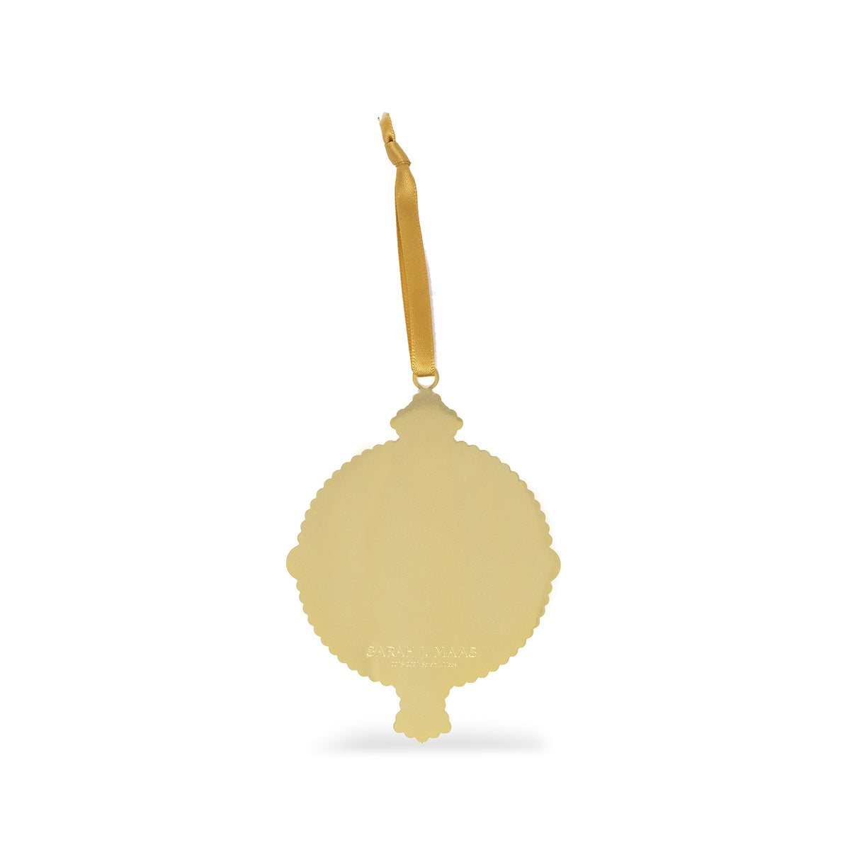 back view of suriel trading co. embossed gold ornament with gold hanging ribbon