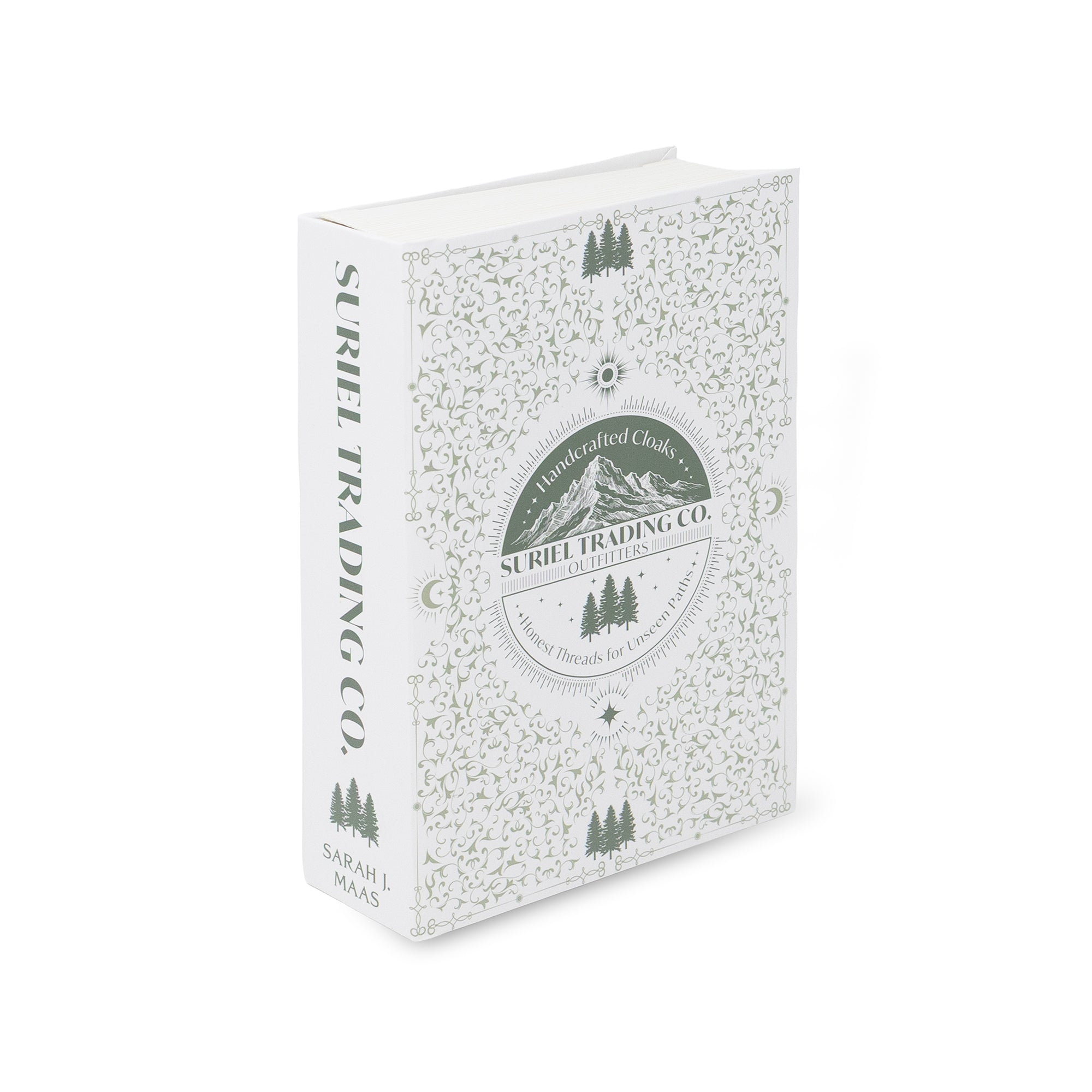 Book cover packaging, featuring a white textured cover with a green circular mountain logo and tree illustrations, shown on a clean white background.