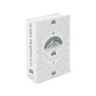 Book cover packaging, featuring a white textured cover with a green circular mountain logo and tree illustrations, shown on a clean white background.