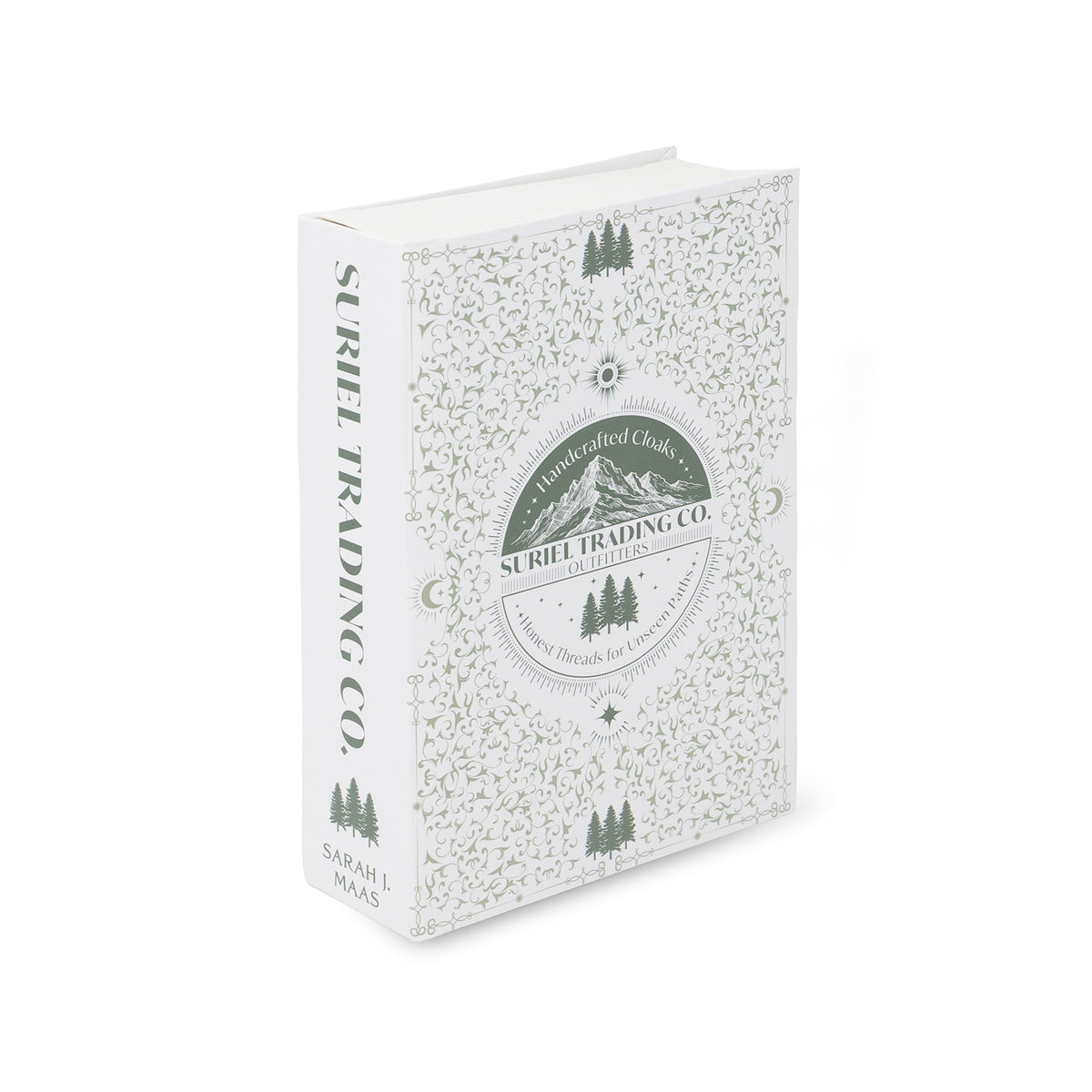 Book cover packaging, featuring a white textured cover with a green circular mountain logo and tree illustrations, shown on a clean white background.