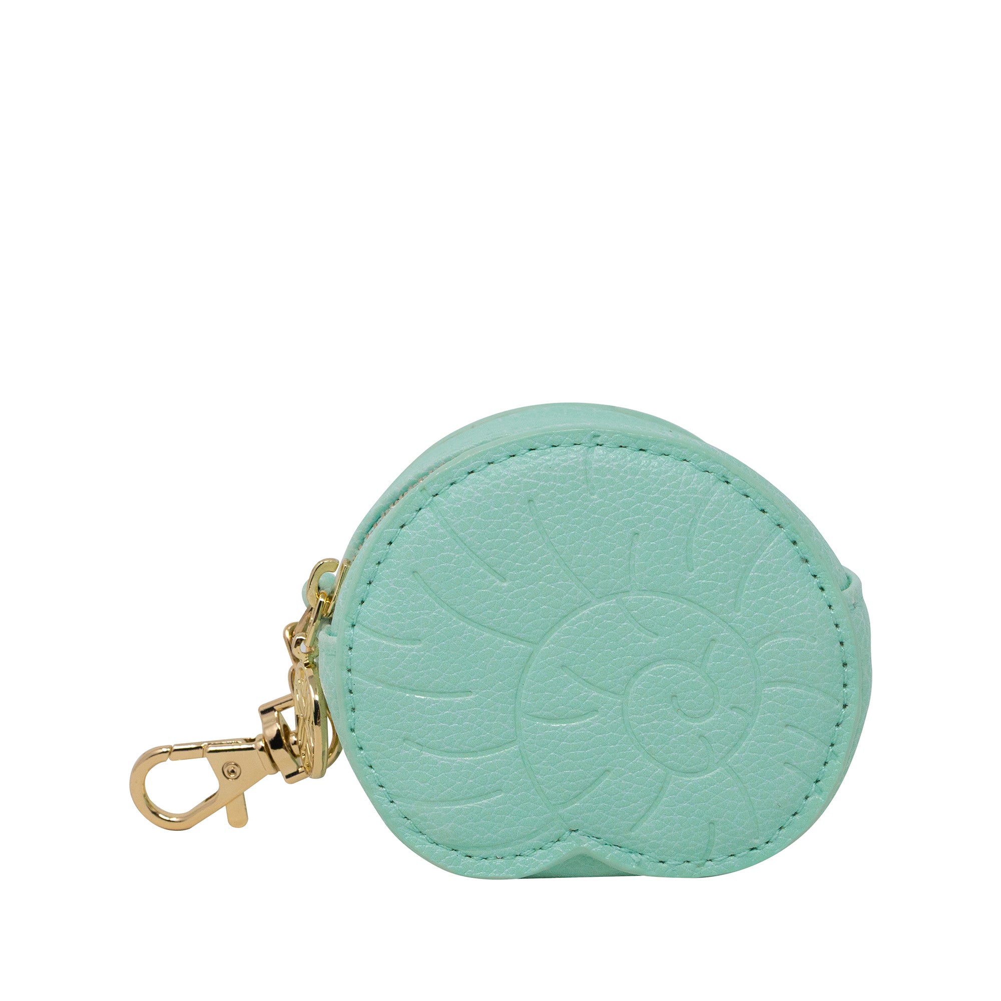 Mint green round coin purse with gold zipper on a white background