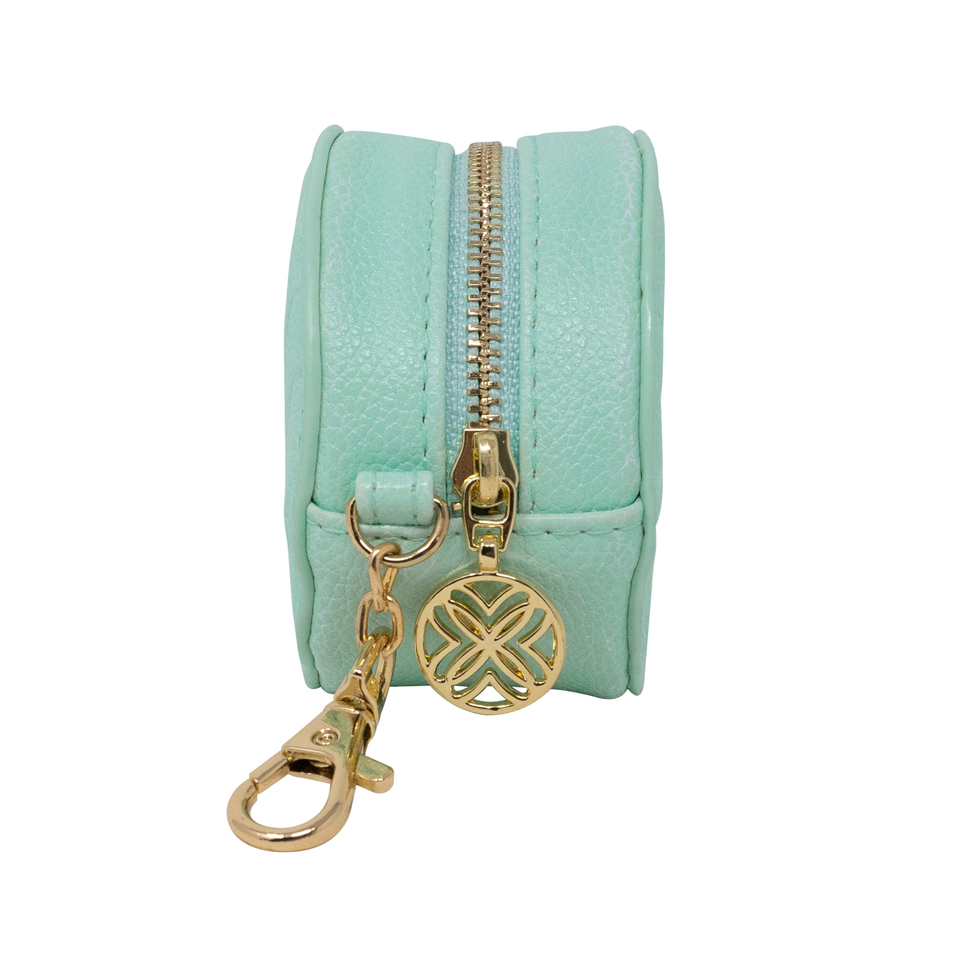 Mint green keychain pouch with gold zipper and keychain on a white background