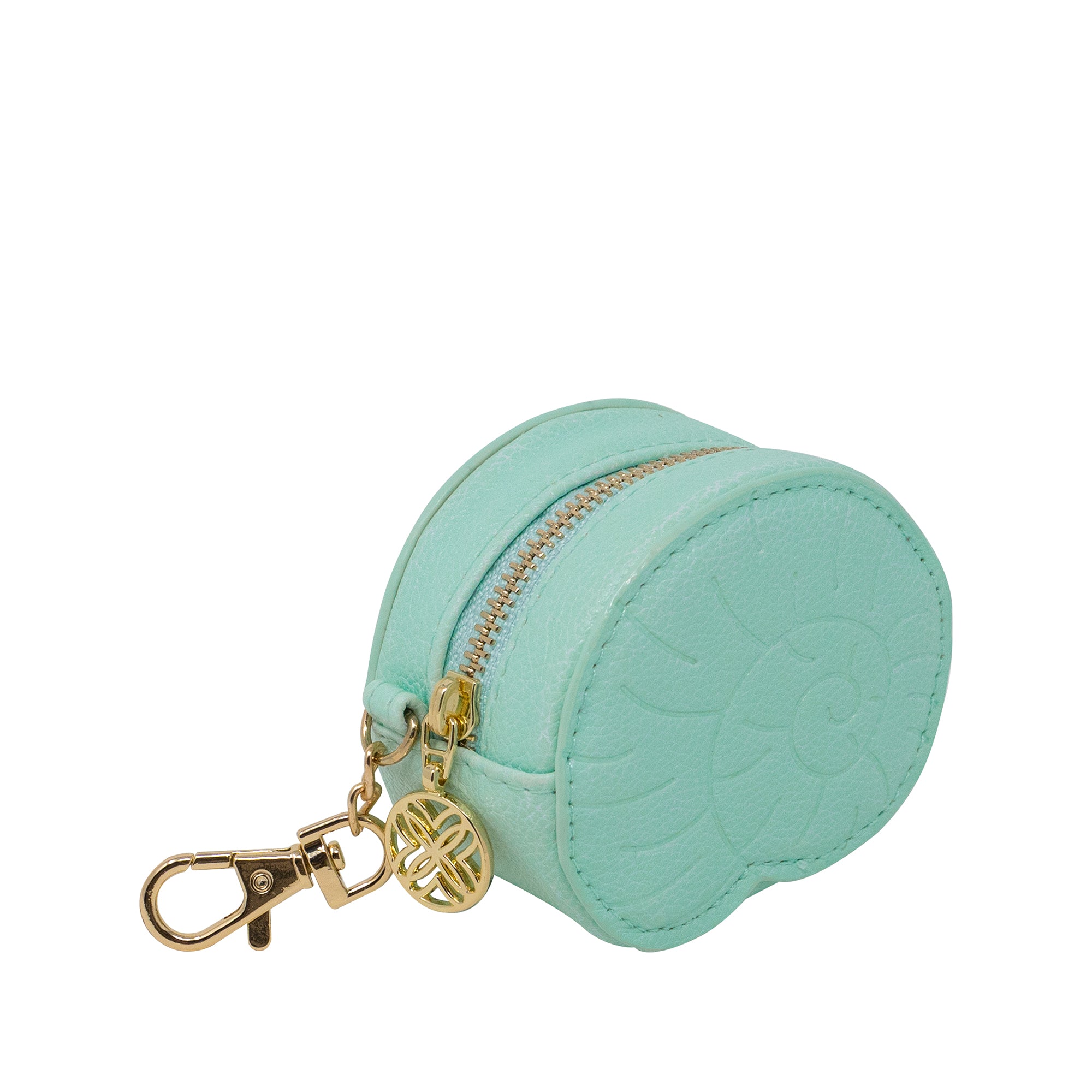 Turquoise round pouch with gold zipper and clasp on a white background