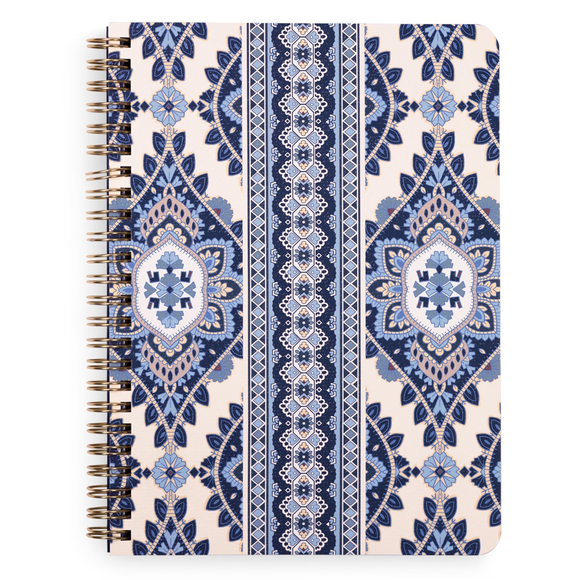 Notebook with blue and beige pattern on a white background