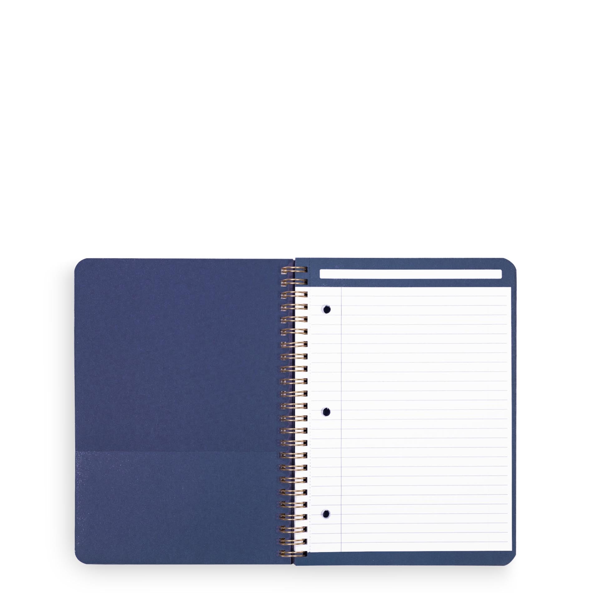 Blue notebook with a spiral binding on a white background