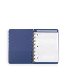 Blue notebook with a spiral binding on a white background