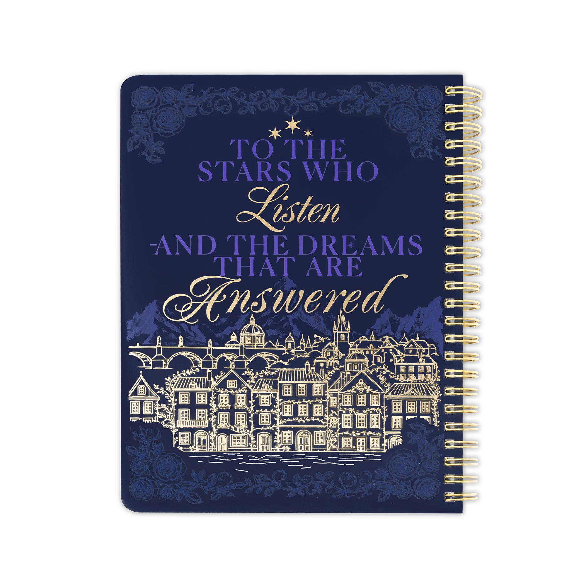 Notebook with decorative cover featuring text and architectural illustration on a white background