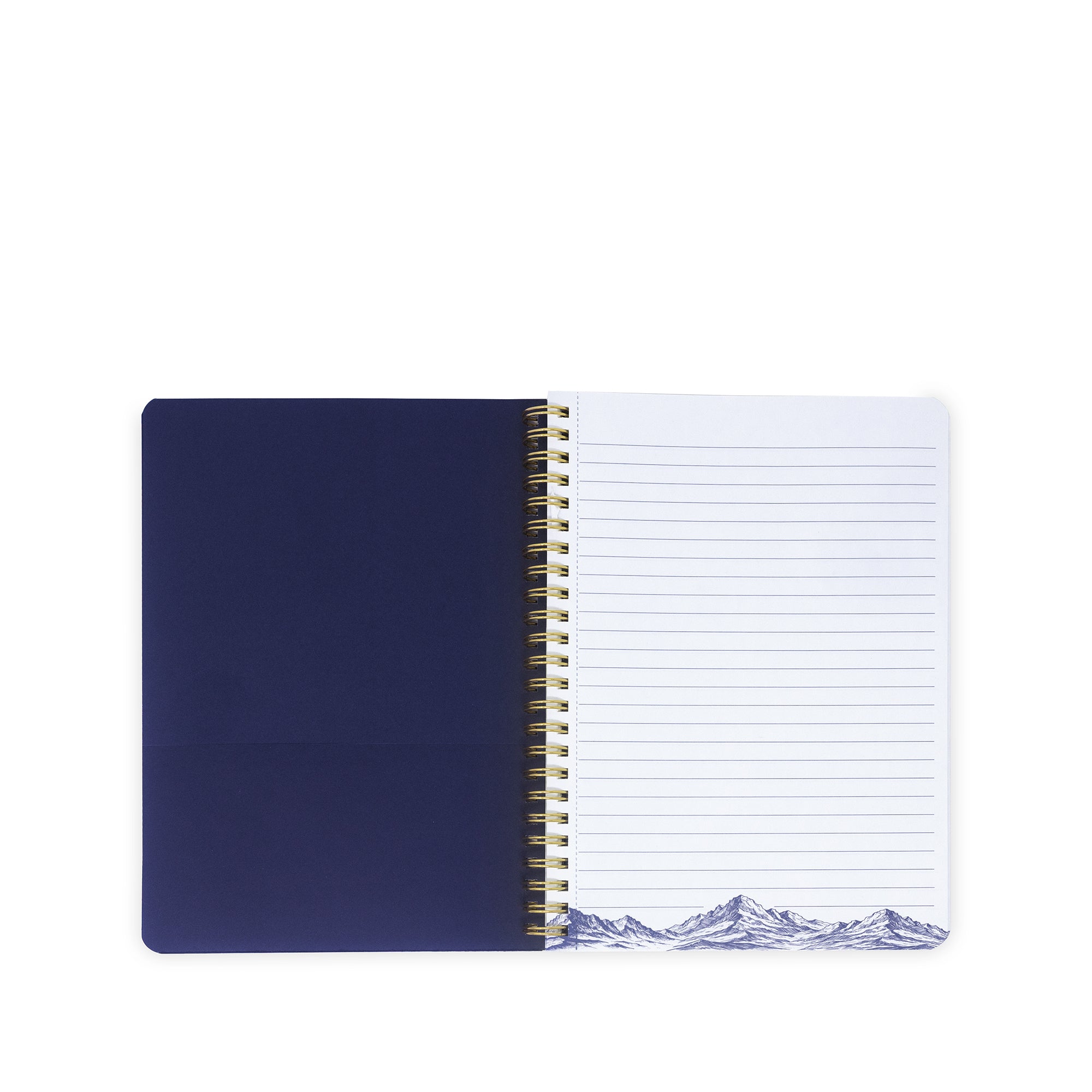 Open notebook with blue cover and white lined pages on a white background