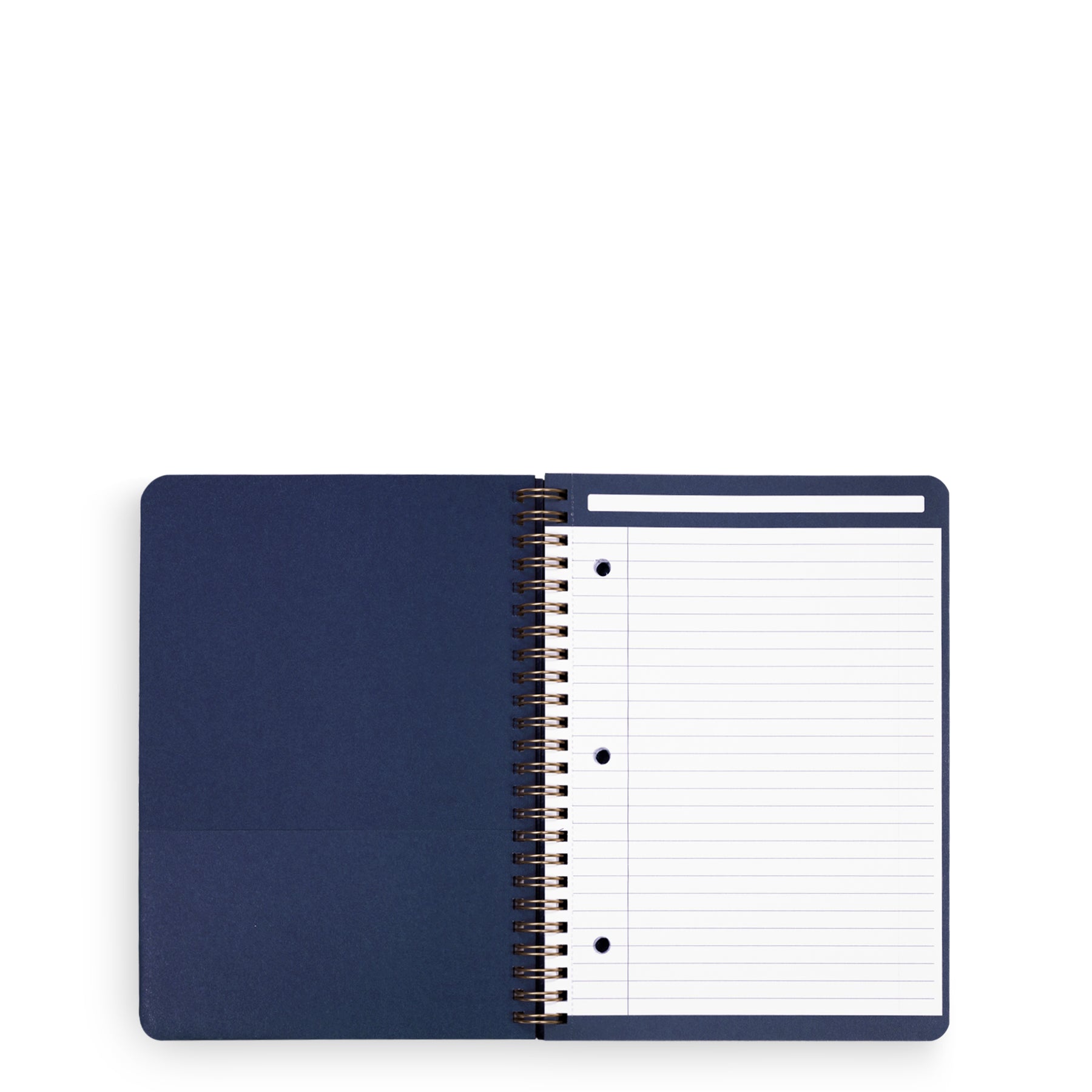 Open blue notebook with lined pages on a white background