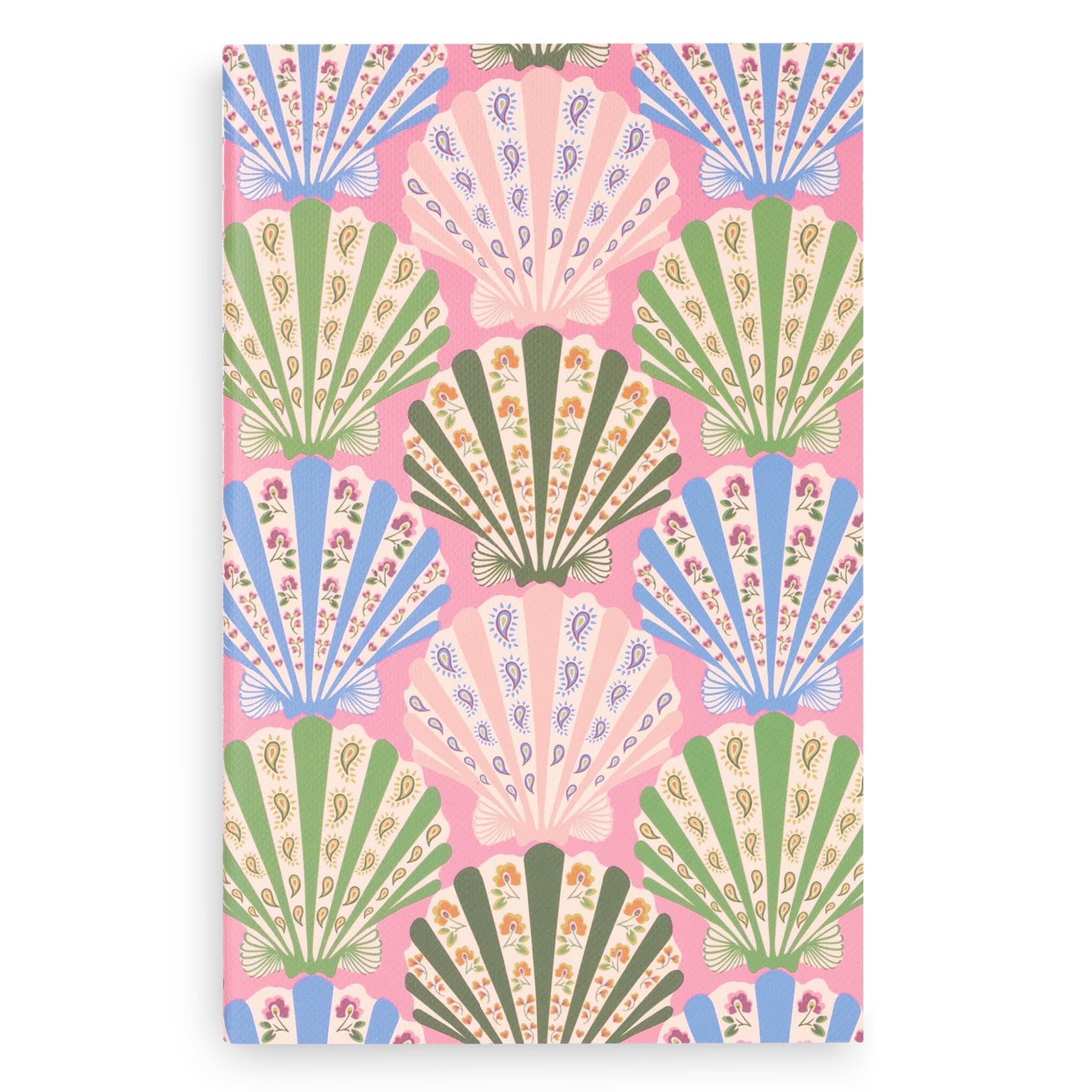 Patterned fabric with colorful fan designs on a pink background
