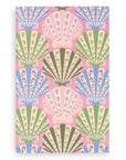 Patterned fabric with colorful fan designs on a pink background