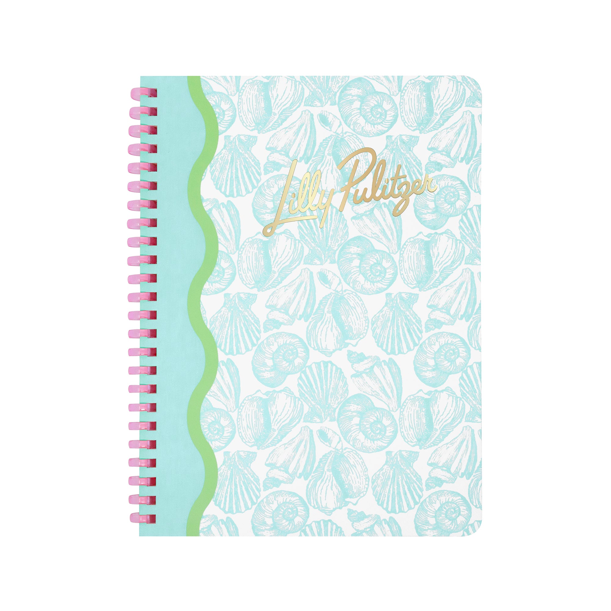 Notebook with shell pattern and Lilly Pulitzer branding on a white background