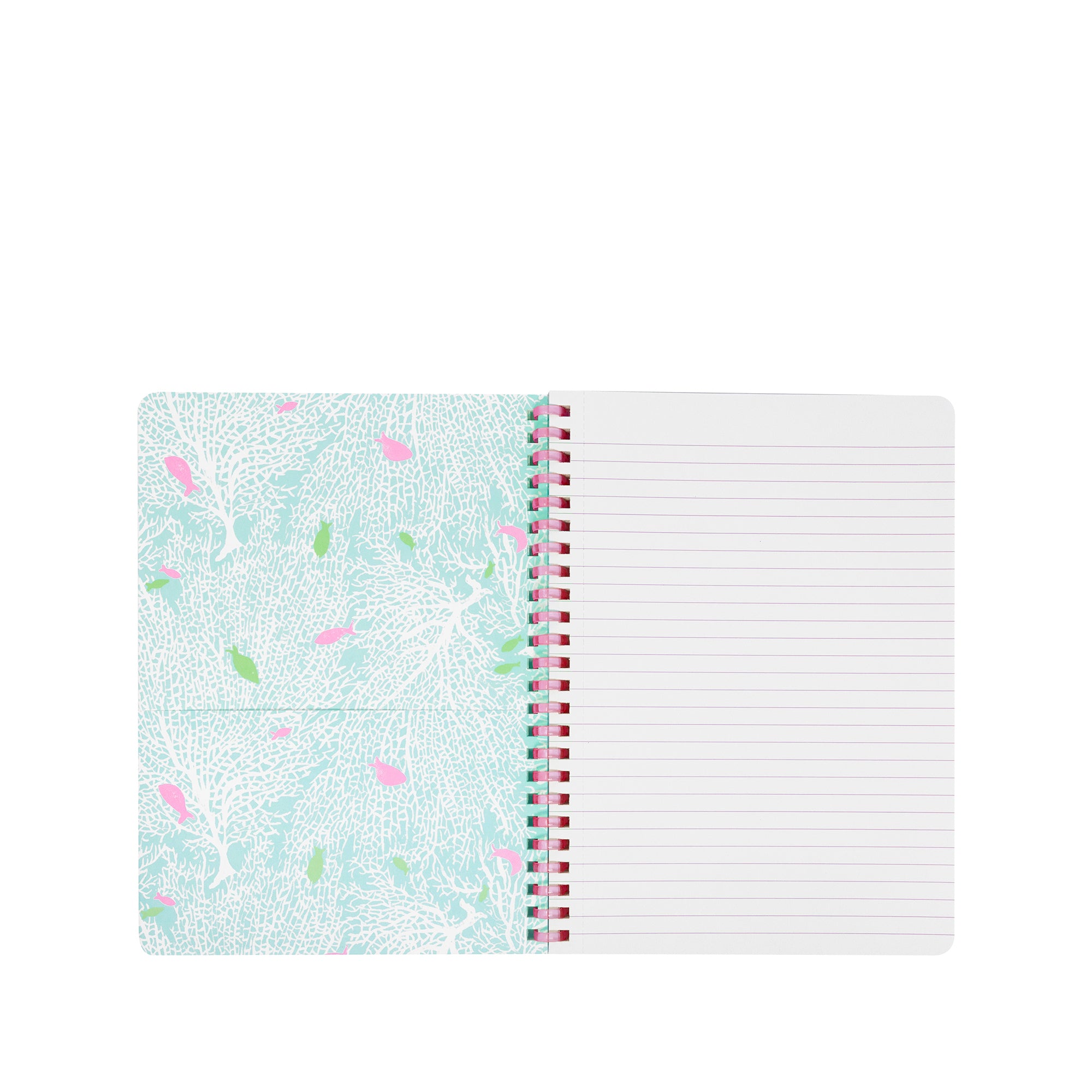 Notebook with a colorful abstract design on the cover and lined pages inside.