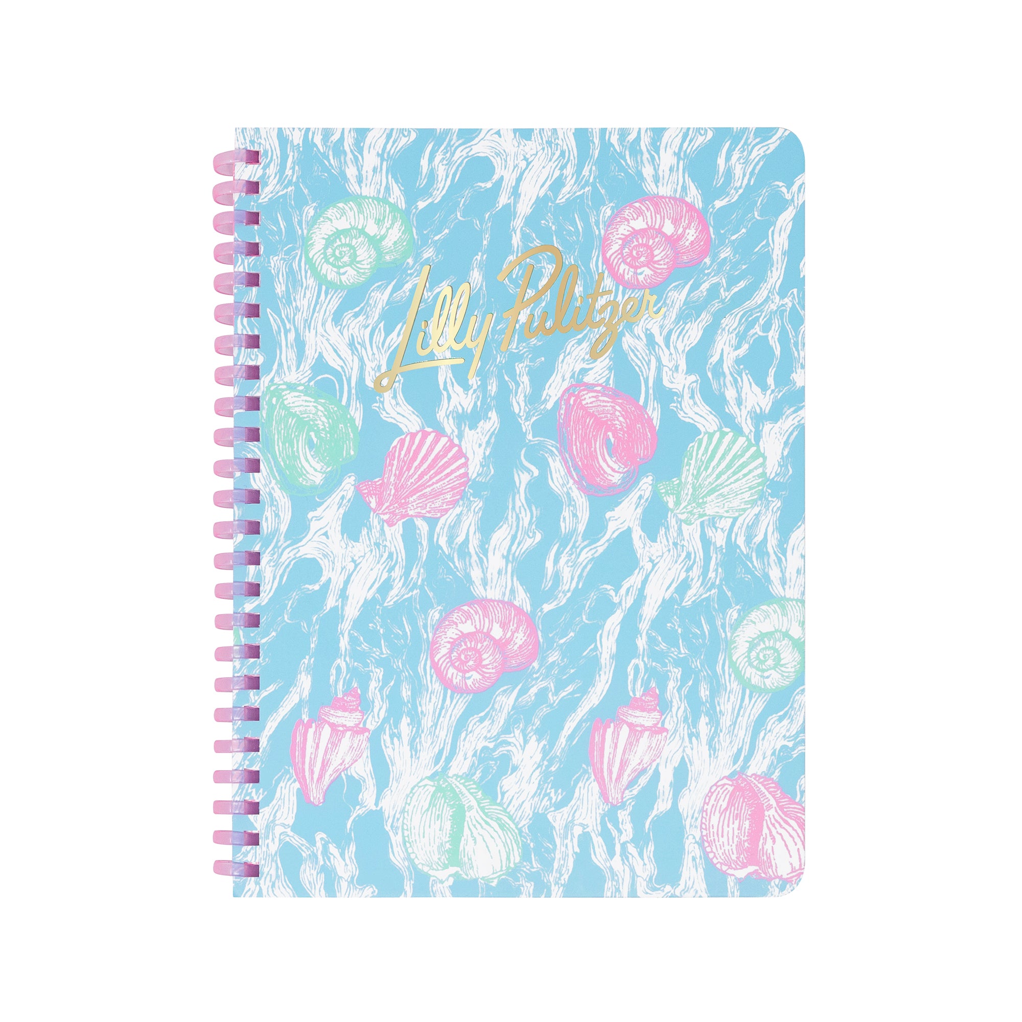 Notebook with shell pattern and 'Lilly Pulitzer' branding on a white background