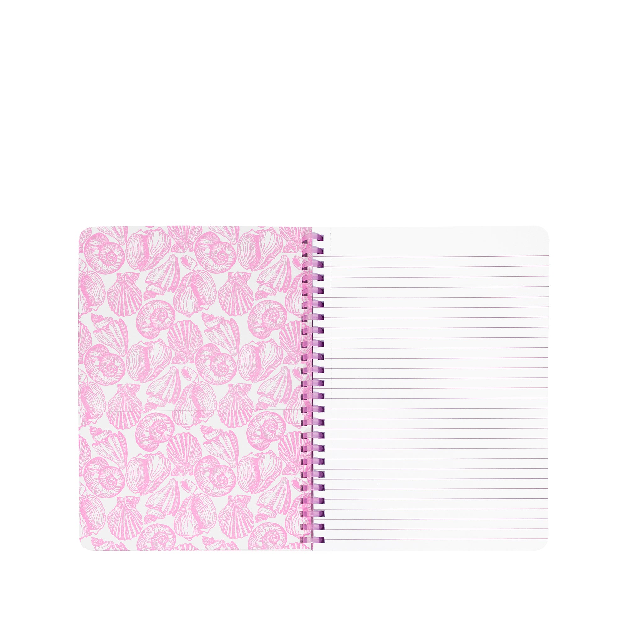 Notebook with pink shell pattern on cover and white lined pages