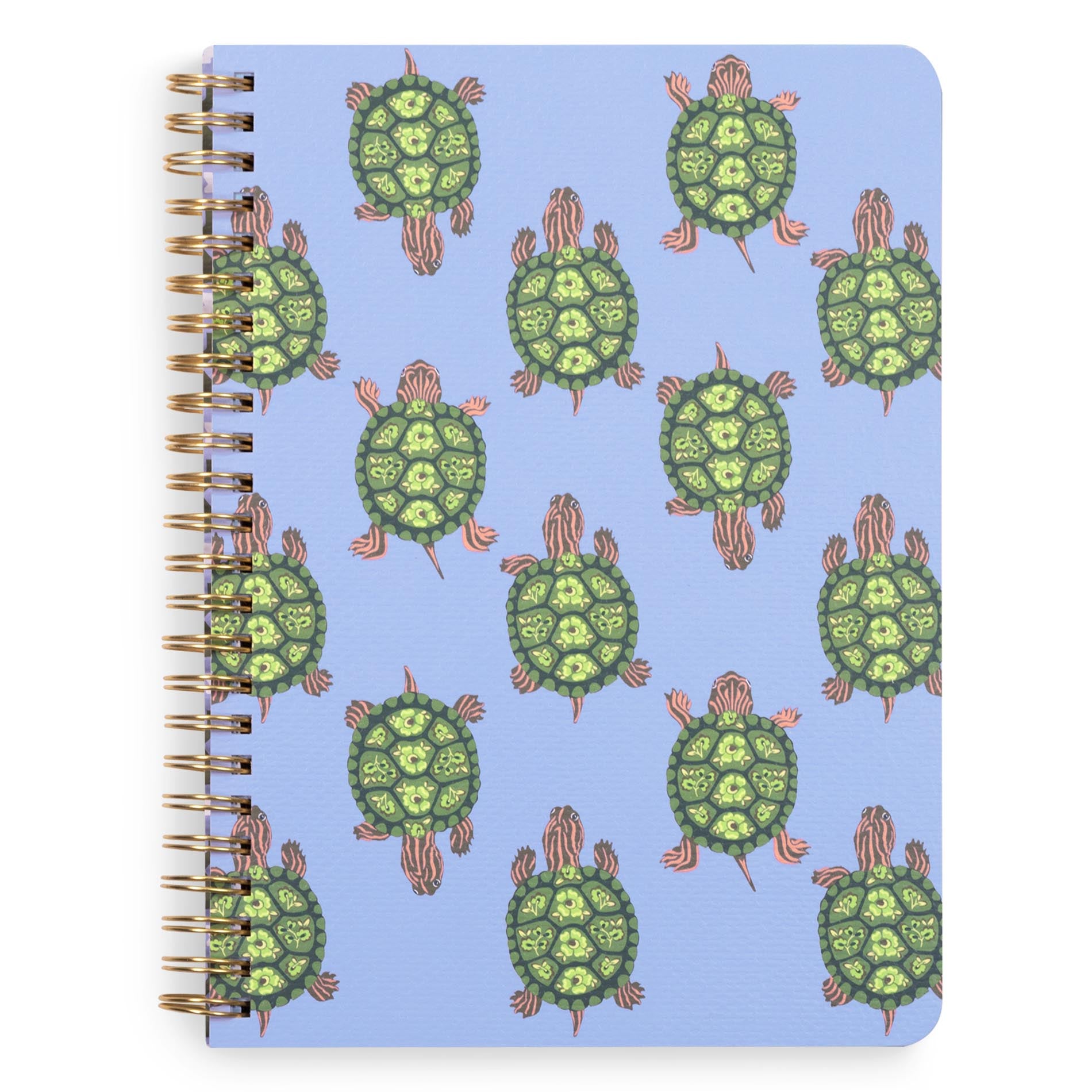 Notebook with green turtle pattern on a blue background
