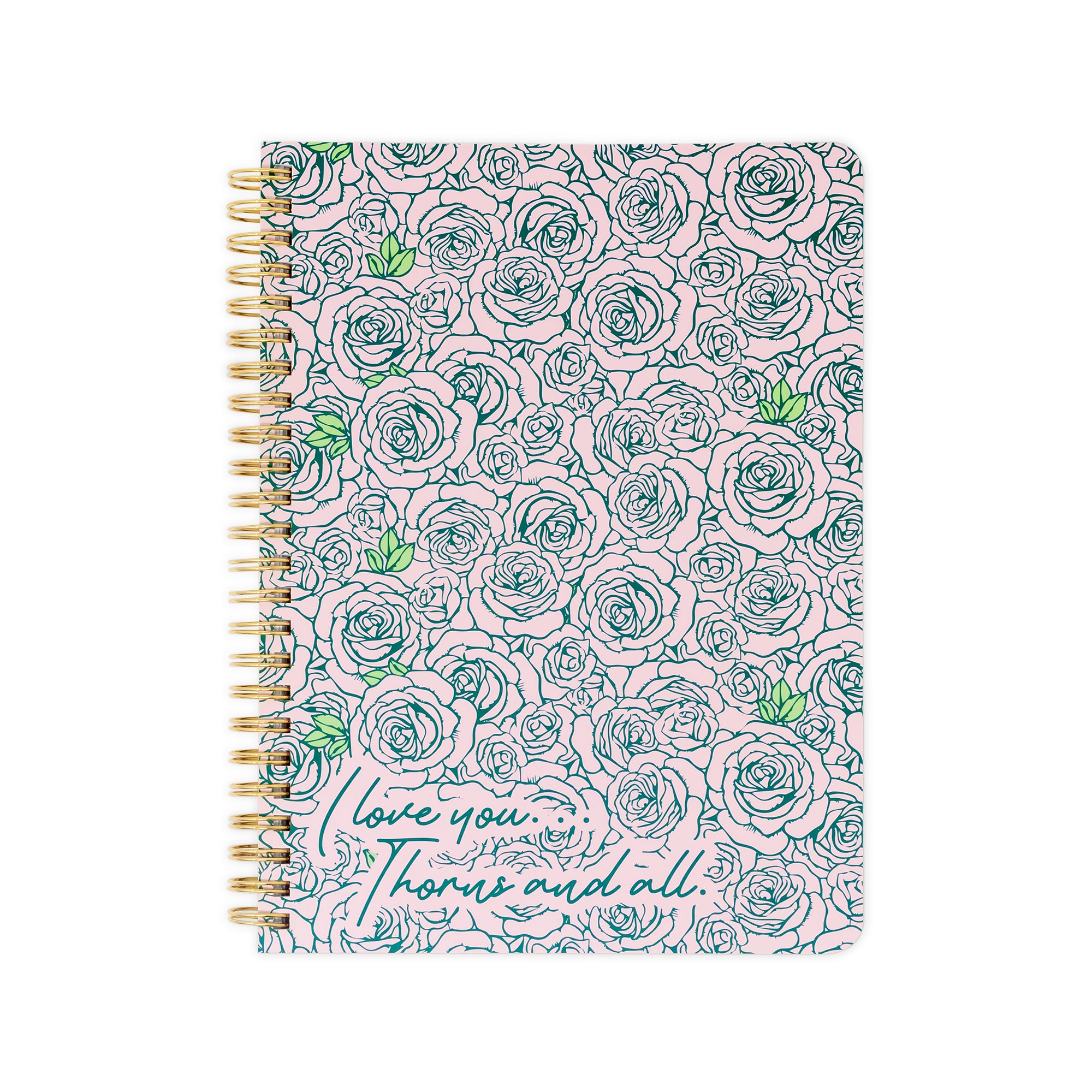 Notebook with rose pattern and 'I love you more and all' text on a white background