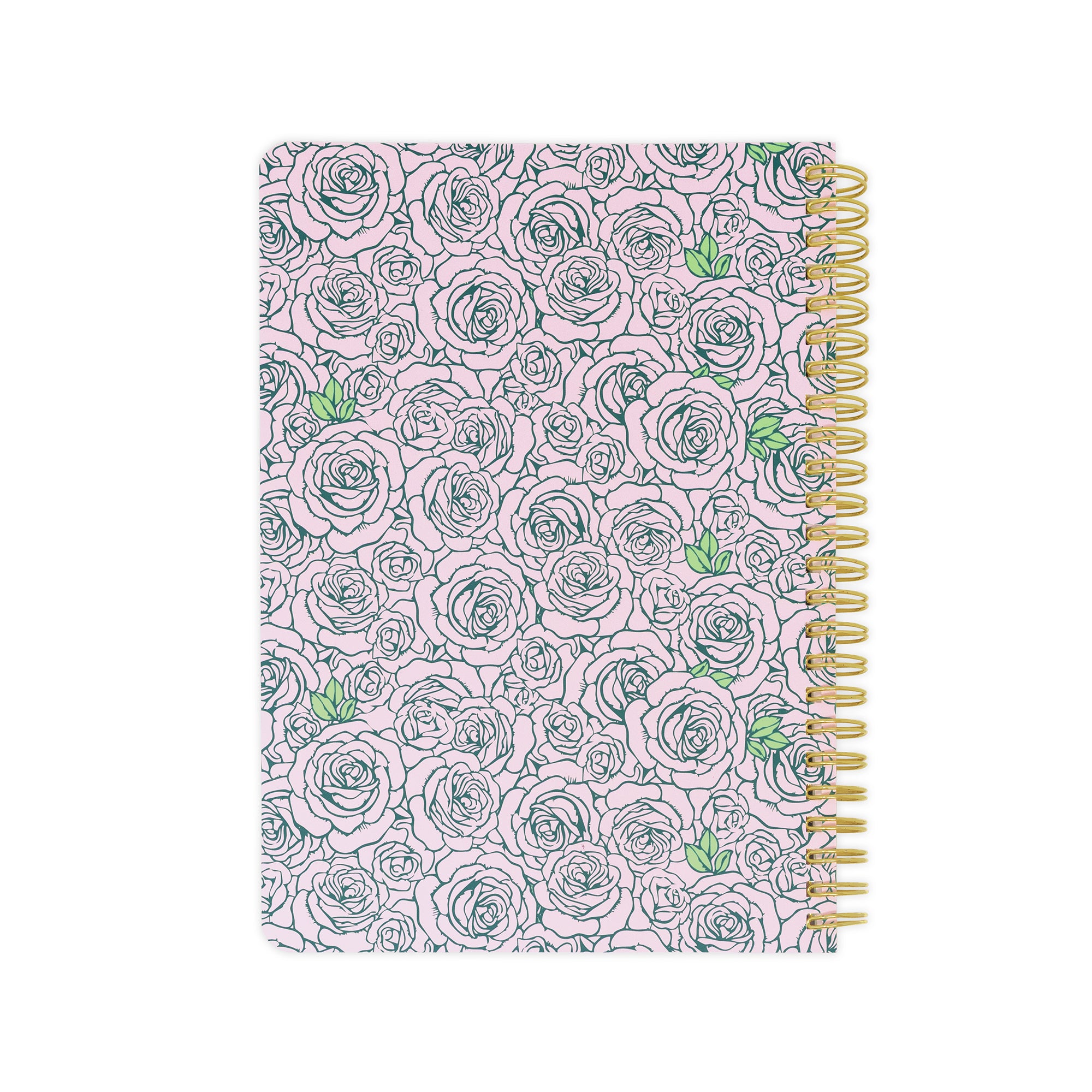 Notebook with floral pattern and gold coil binding on a white background