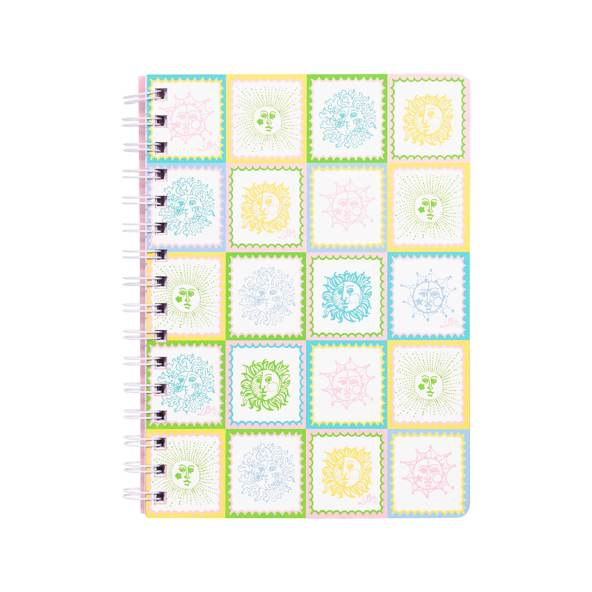 Notebook with colorful geometric pattern on a white background