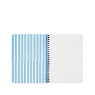 Notebook with blue striped cover and white pages on a white background