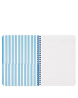 Notebook with blue striped cover and white pages on a white background