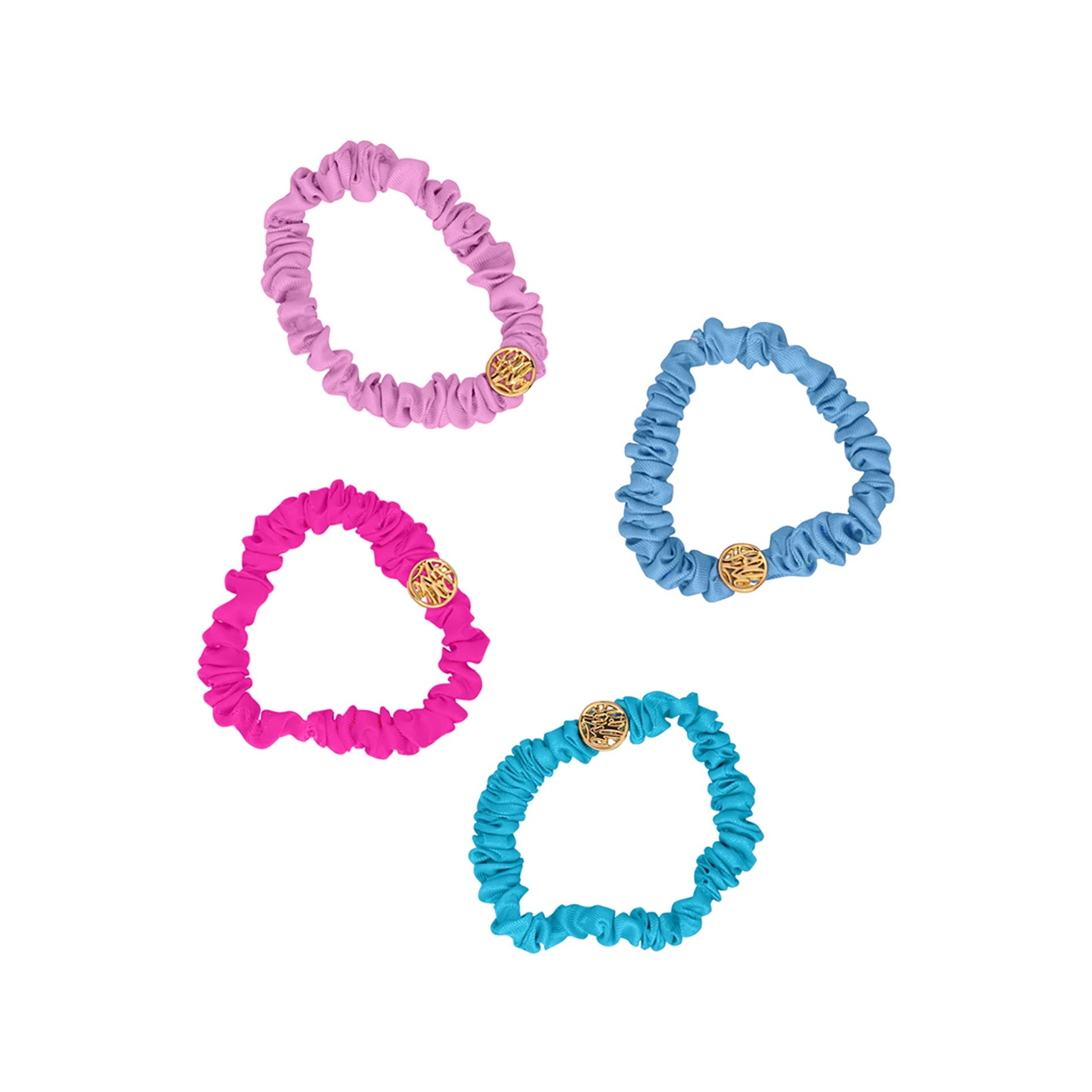 Light pink, hot pink, sky blue, and light blue satin mini scrunchie set