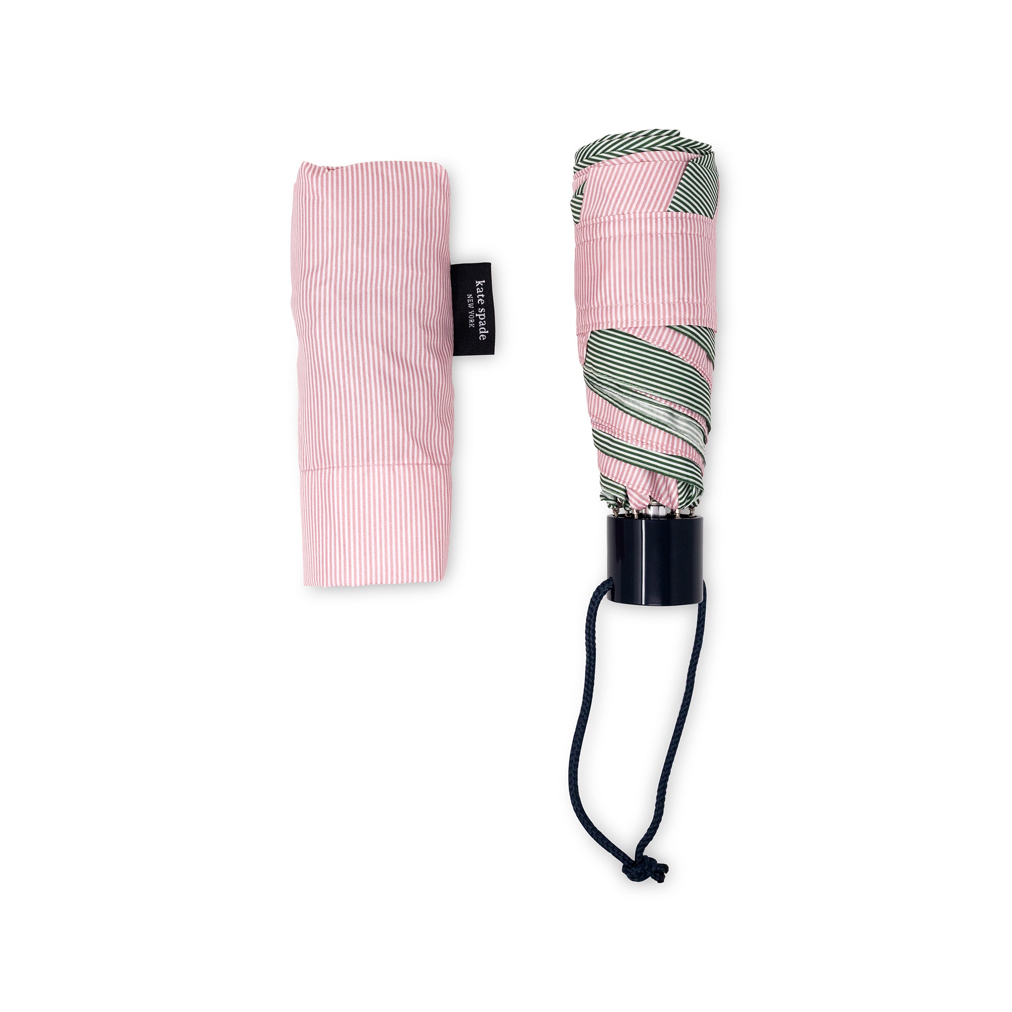 Foldable umbrella with pink and gray pattern and matching carrying case on a white background
