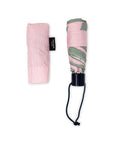Foldable umbrella with pink and gray pattern and matching carrying case on a white background