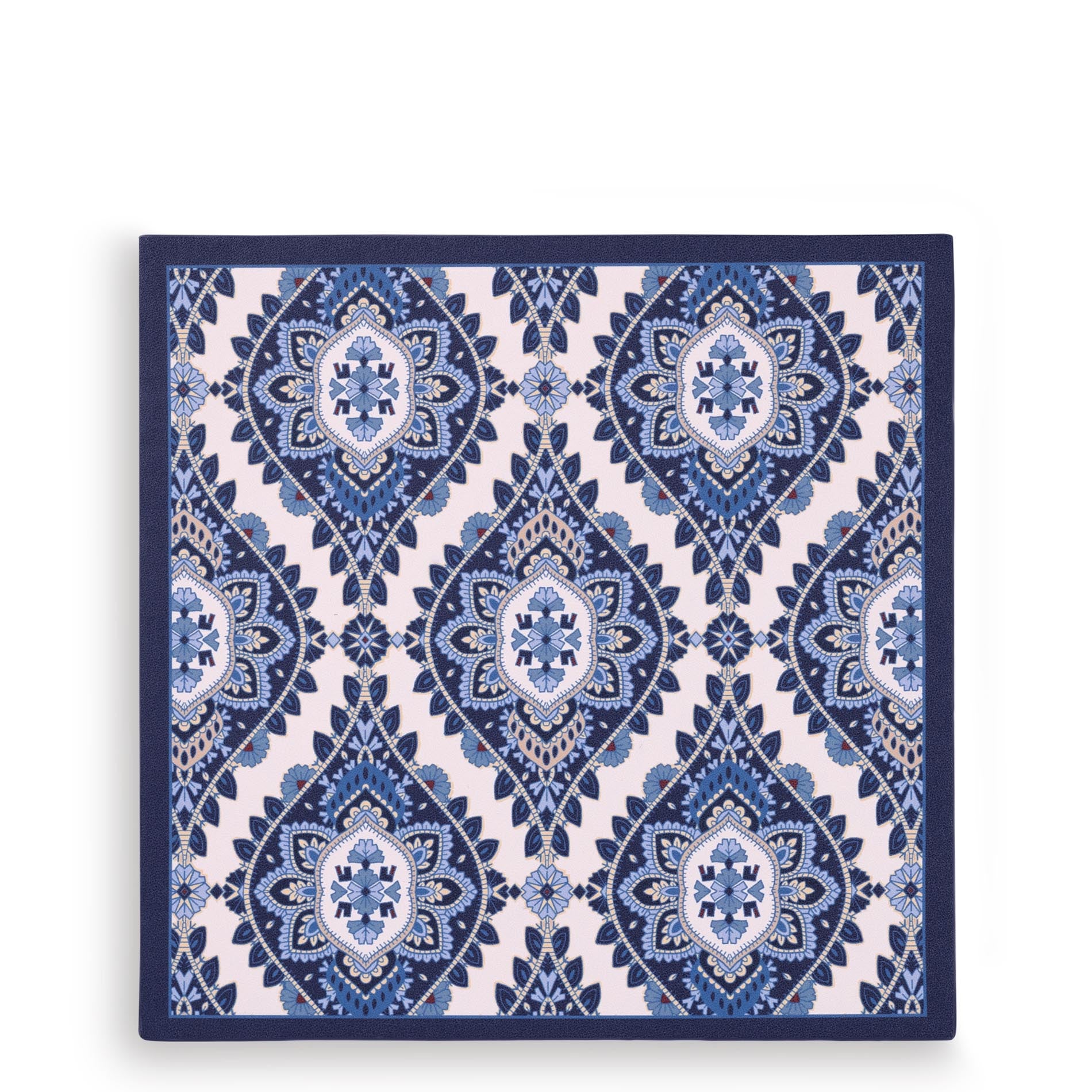 Blue and white patterned mouse pad on a white background