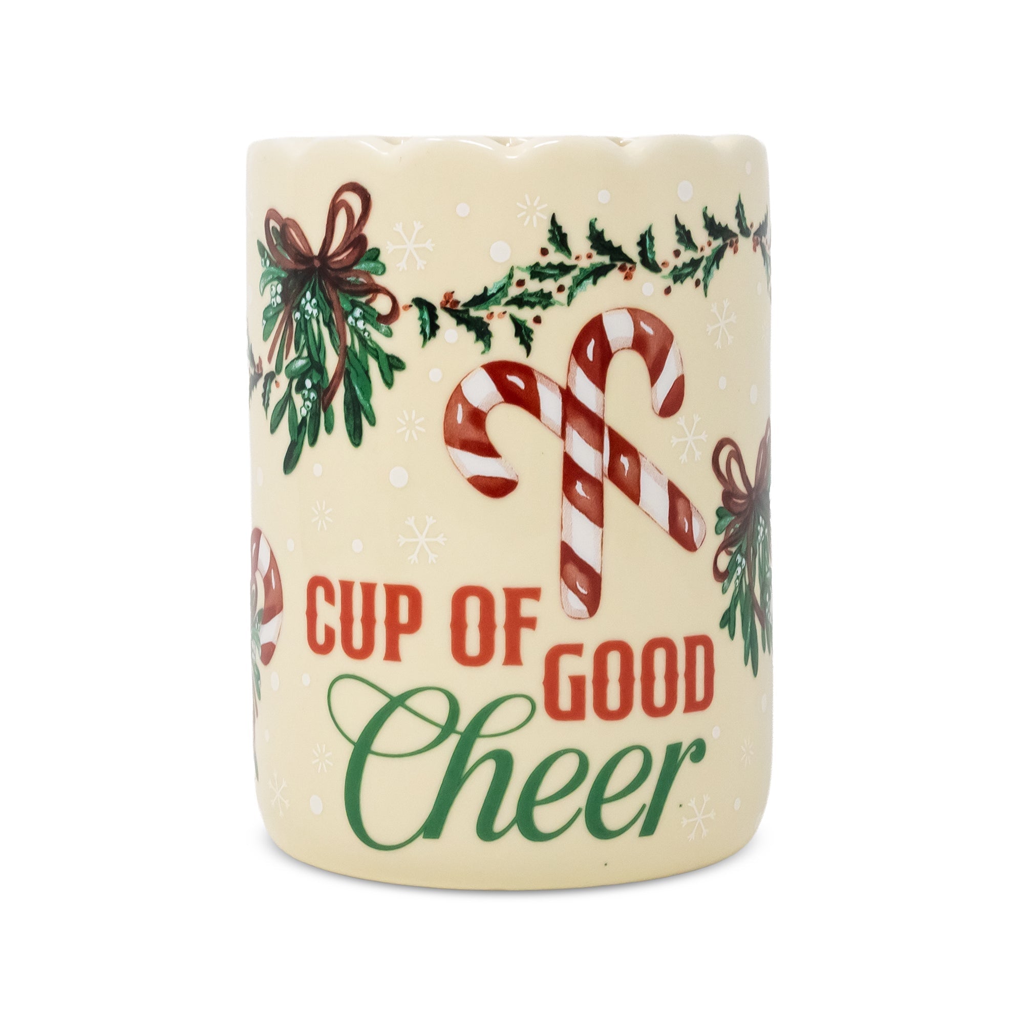'CUP OF GOOD CHEER' back of Milk for Santa sipper ceramic travel mug