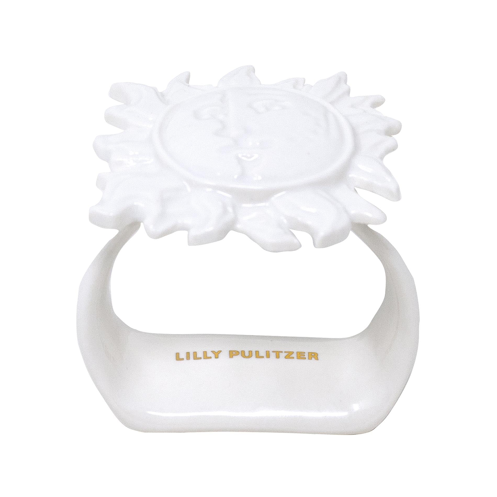 Single white sun napkin ring set on a white background, branded 'Lilly Pulitzer'.
