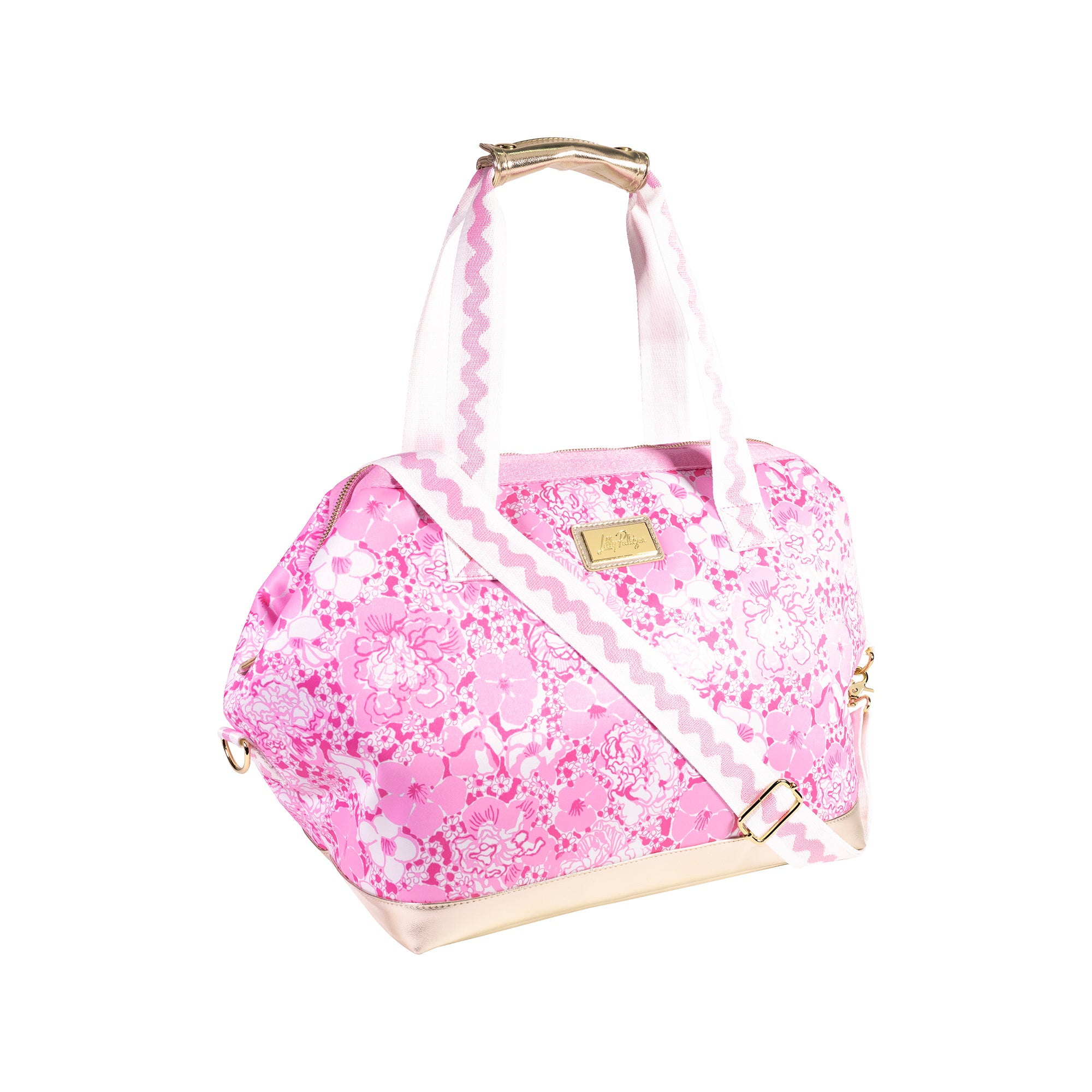 side view of pink and white floral print cooler bag with whit strap with ric rac detail and gold bottom