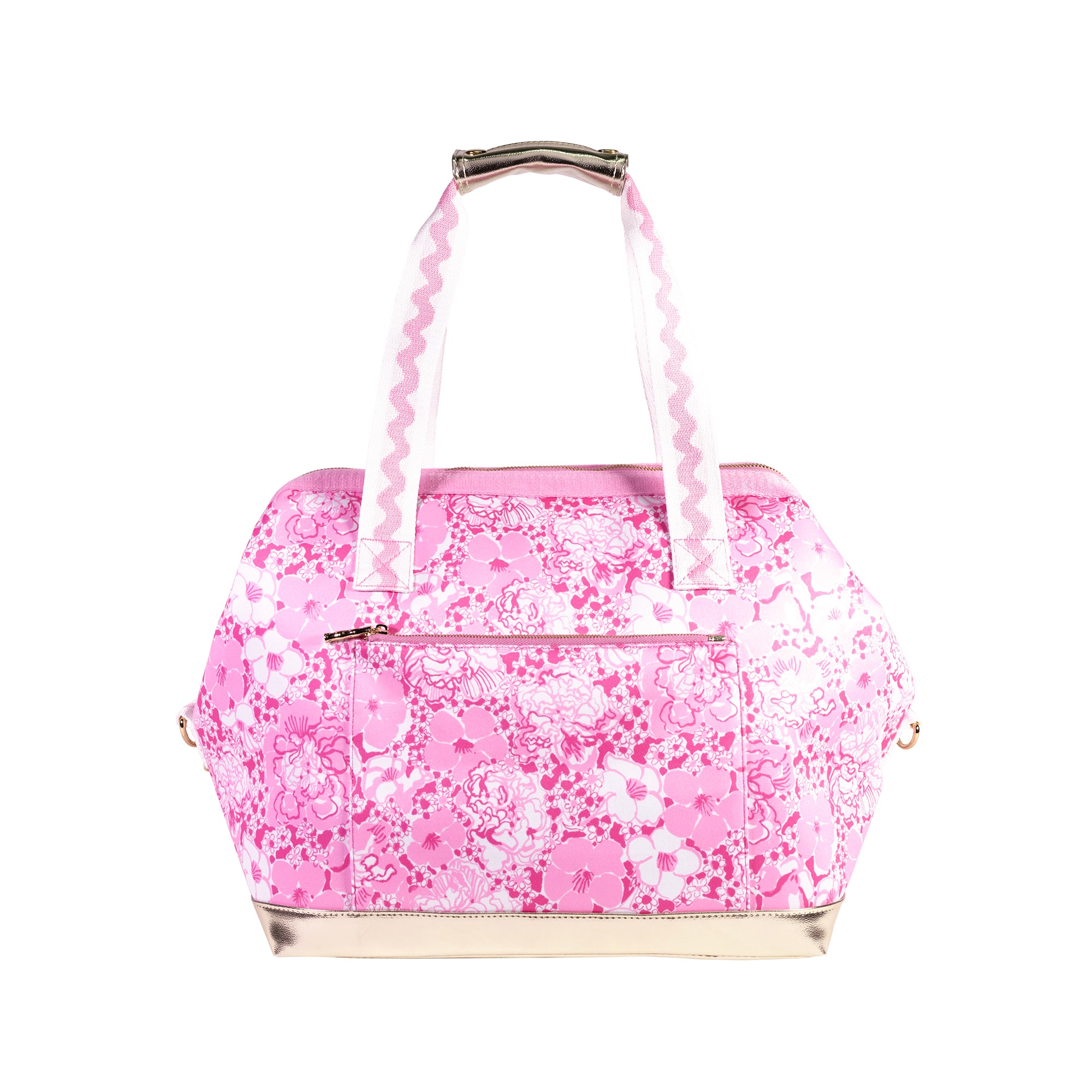 back view of pink and white floral print cooler bag with whit strap with ric rac detail and gold bottom