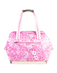 back view of pink and white floral print cooler bag with whit strap with ric rac detail and gold bottom