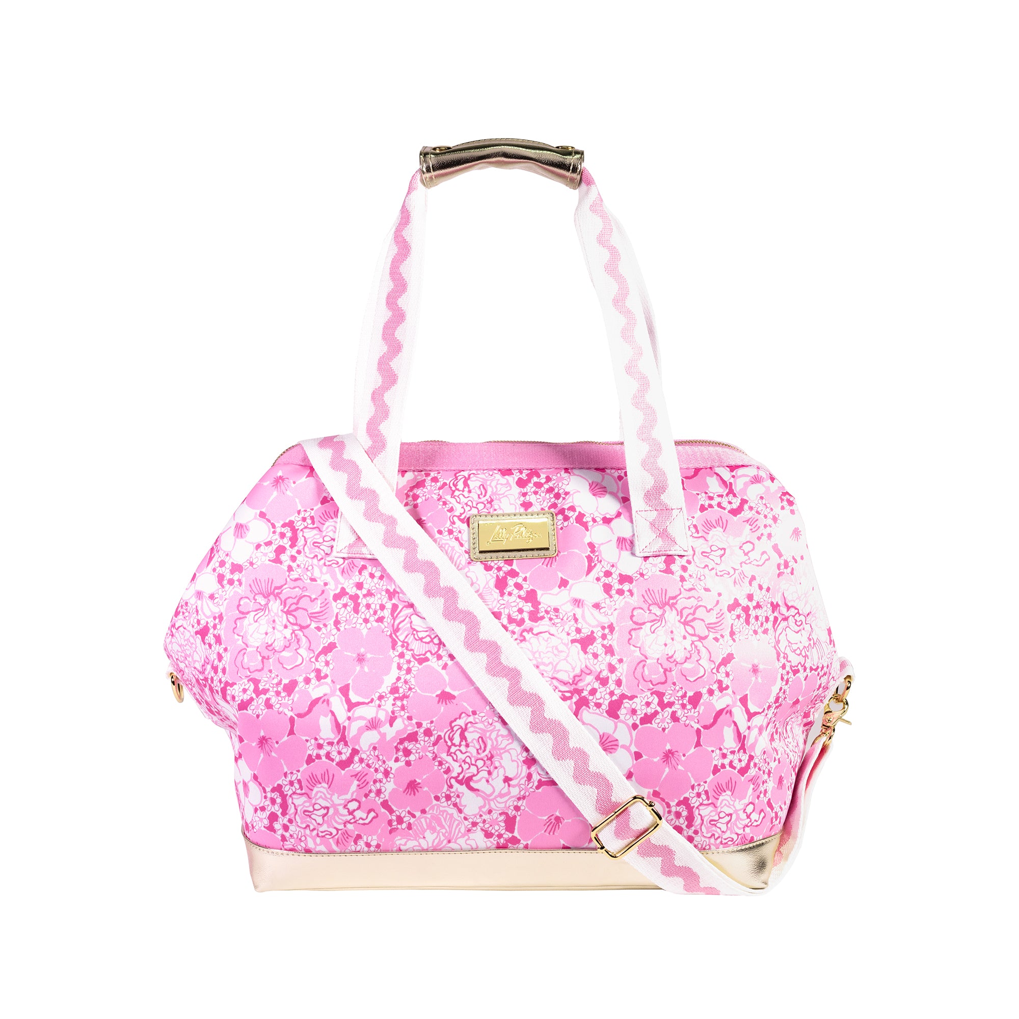 pink and white floral print cooler bag with whit strap with ric rac detail and gold bottom