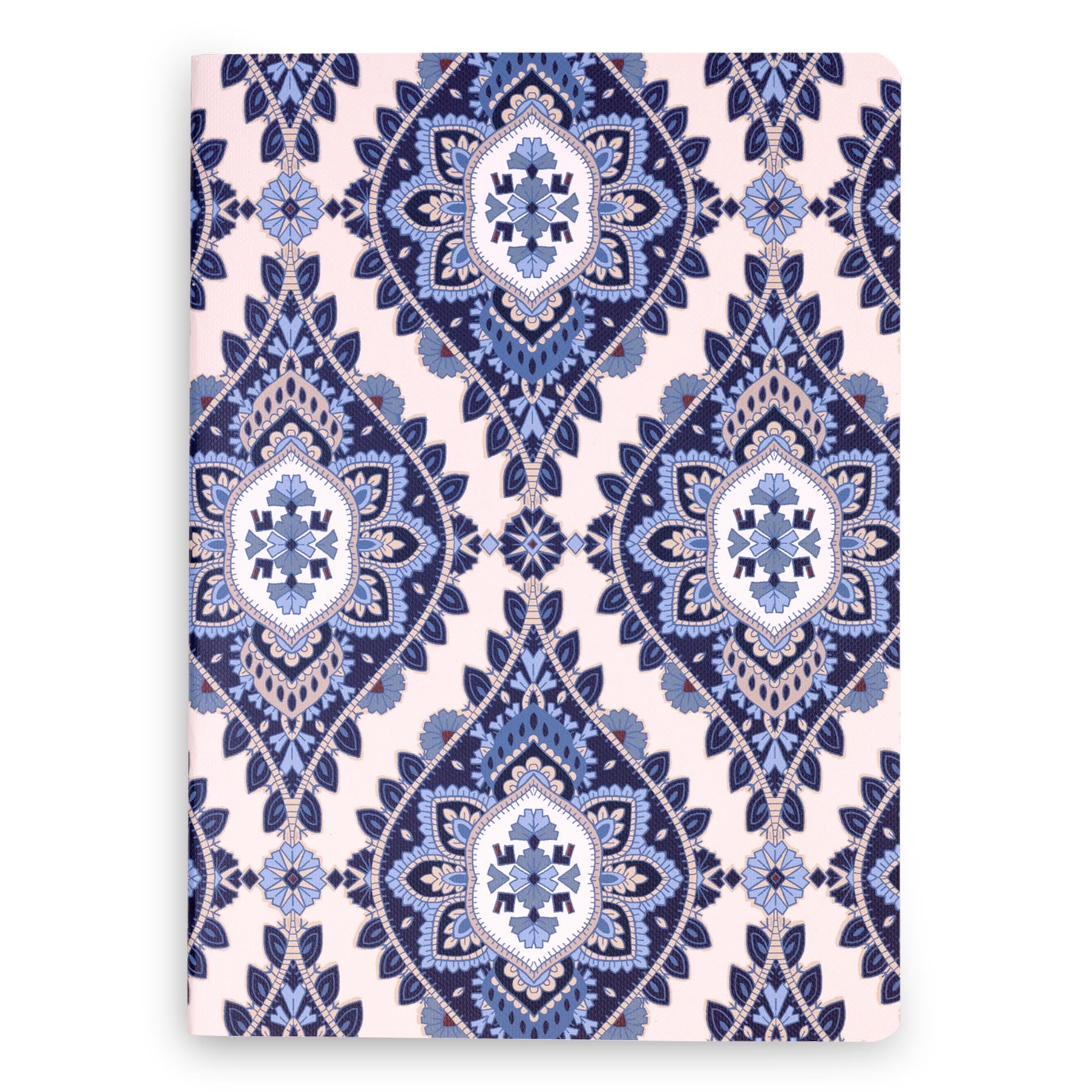 Notebook with blue and white geometric pattern on a white background