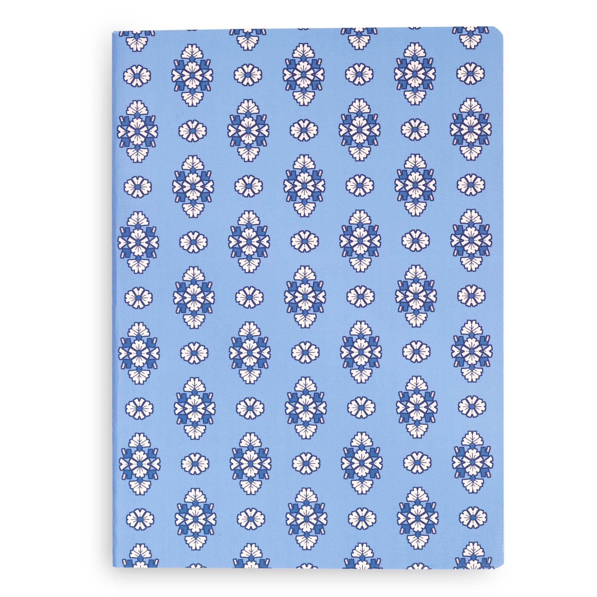 Notebook with blue and white floral pattern on a white background