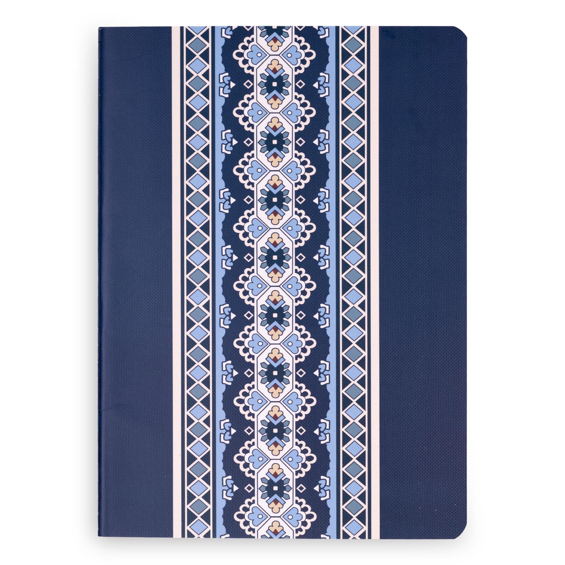 Navy blue notebook with a decorative pattern on a white background