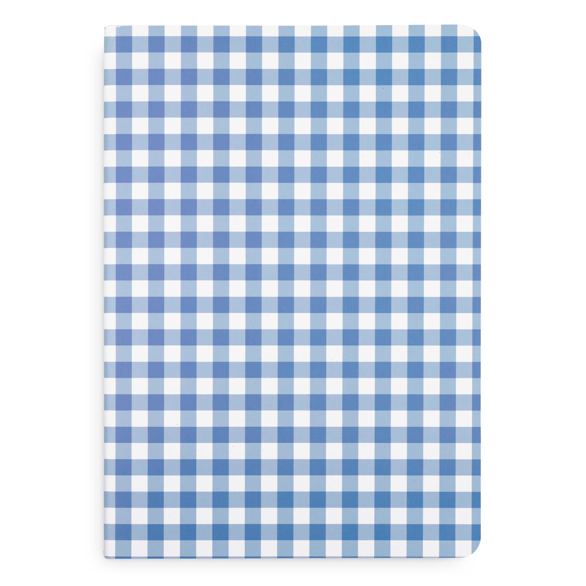 Notebook with blue and white checkered pattern on a white background