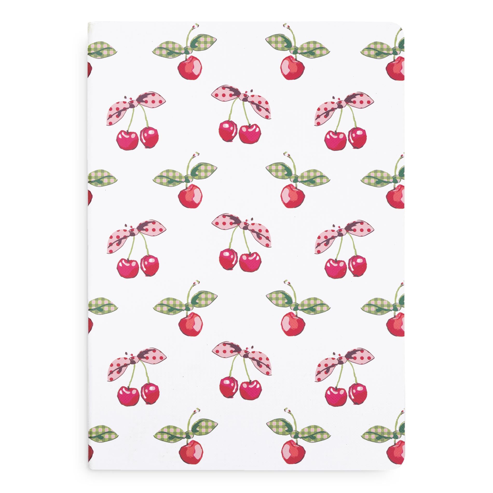 Patterned fabric with cherries and checkered leaves on a white background