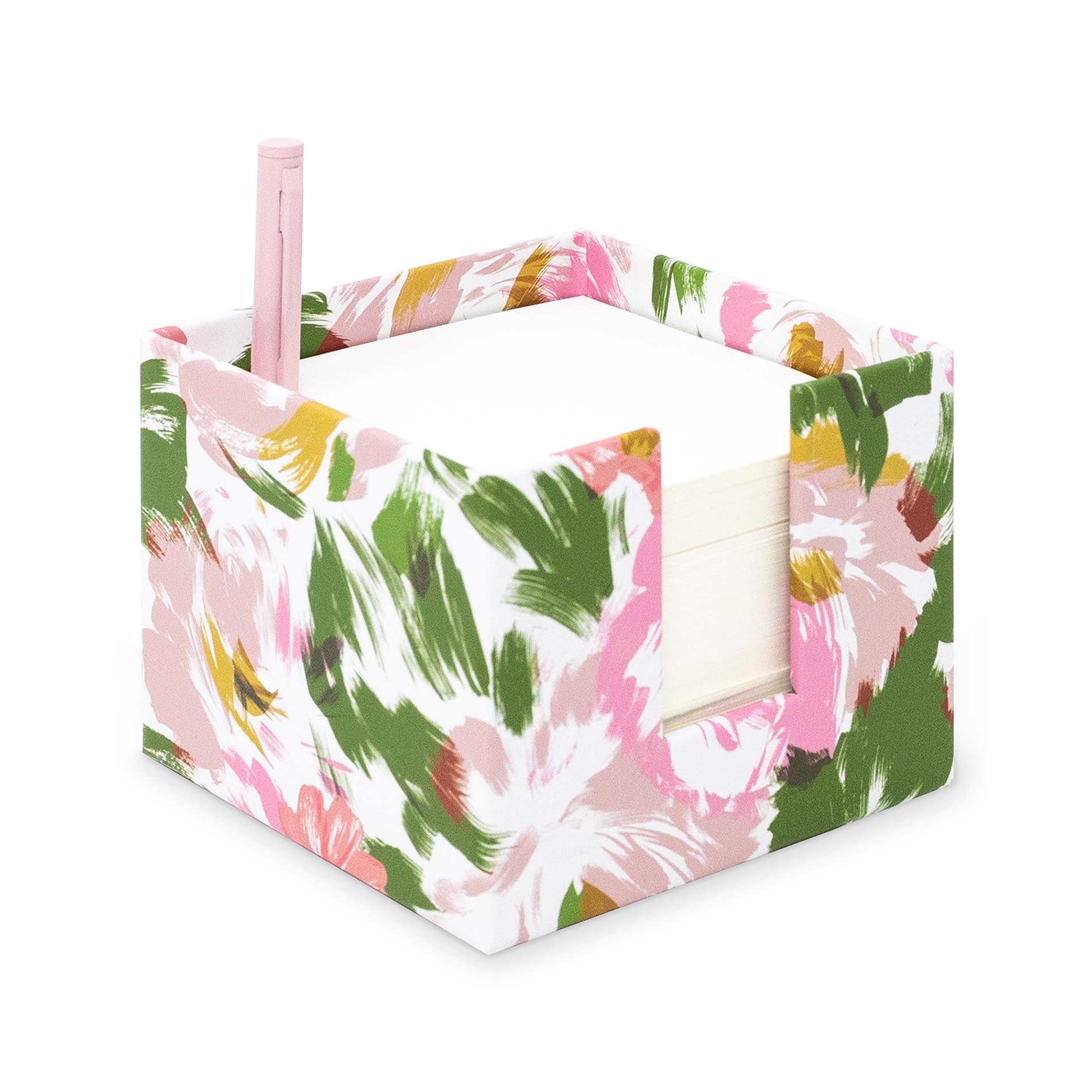 Floral-patterned box with a pink pen on a white background