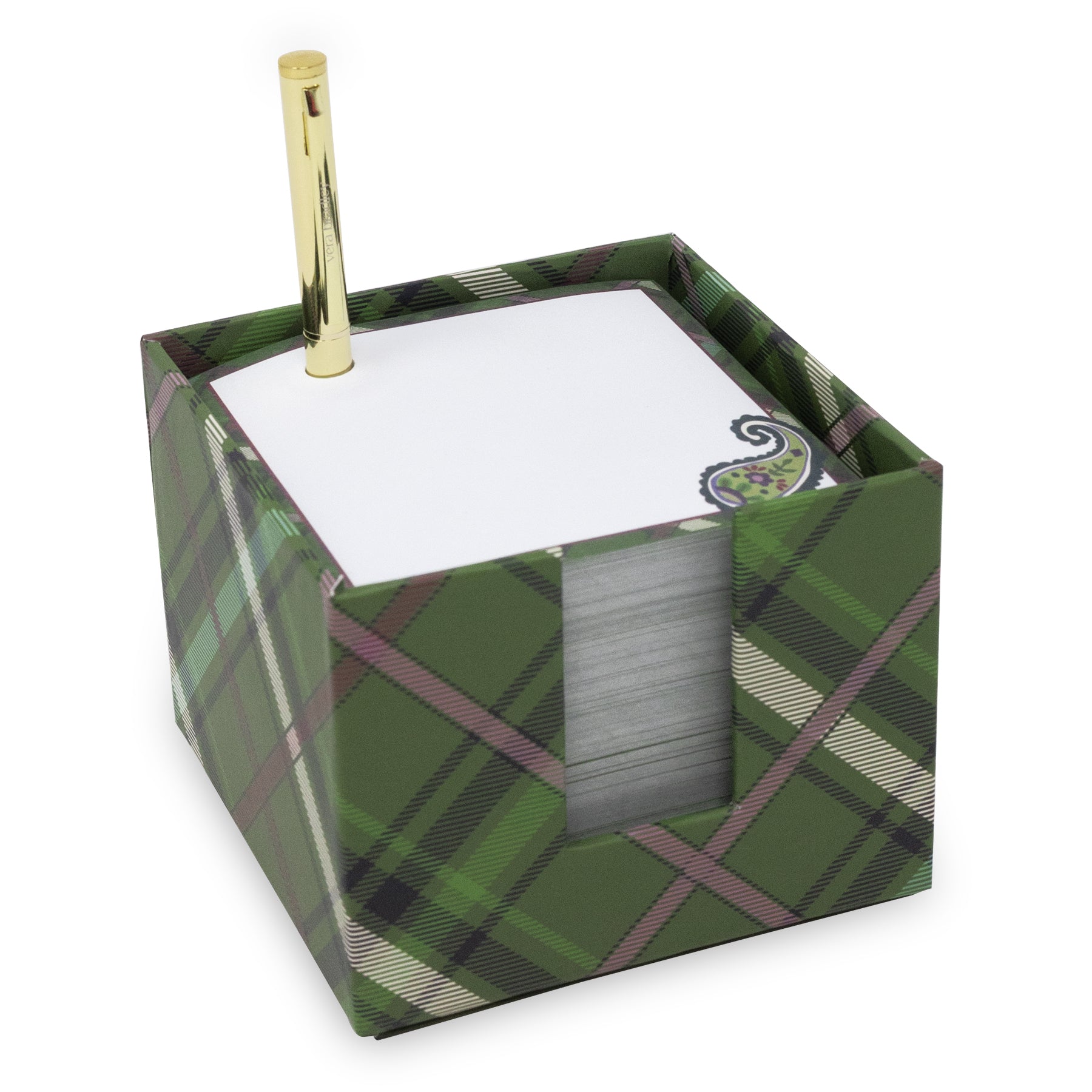A square green plaid notepad holder box with a gold pen inserted into the top, holding white notepads. The box features a green tartan pattern with black and pinkish stripes, and a small decorative emblem is visible on the notepad.