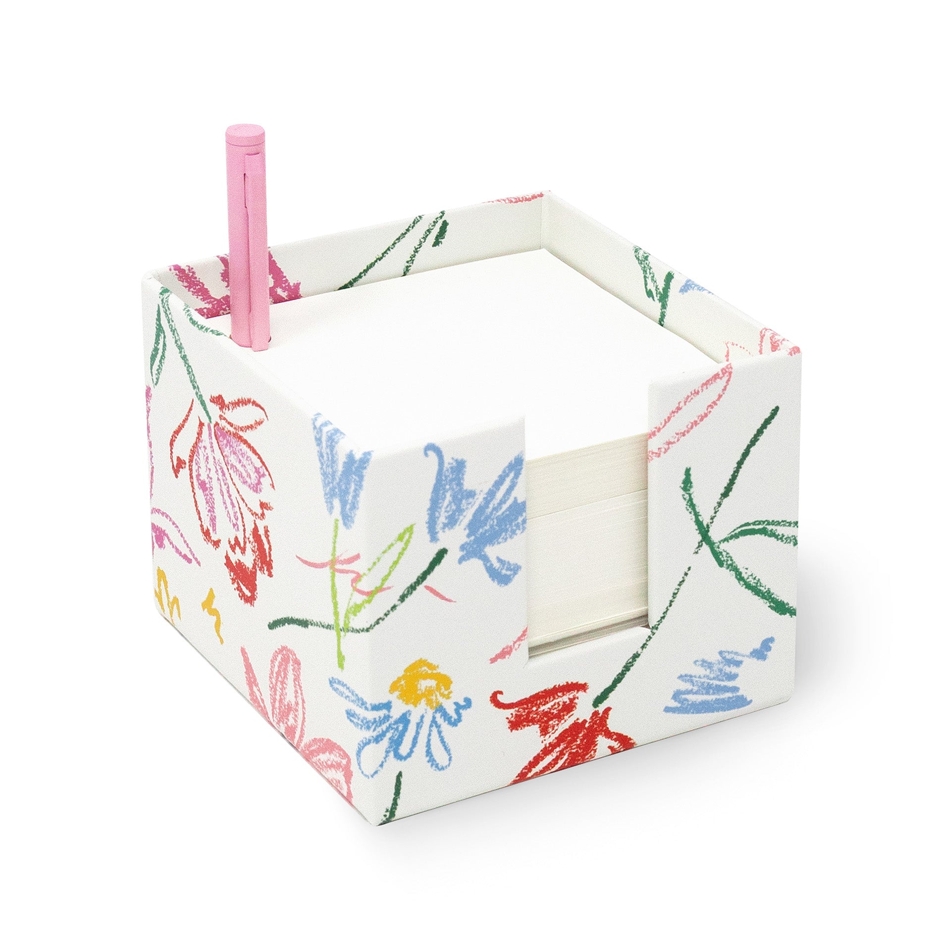 white notecube with sketch floral print and pink pen
