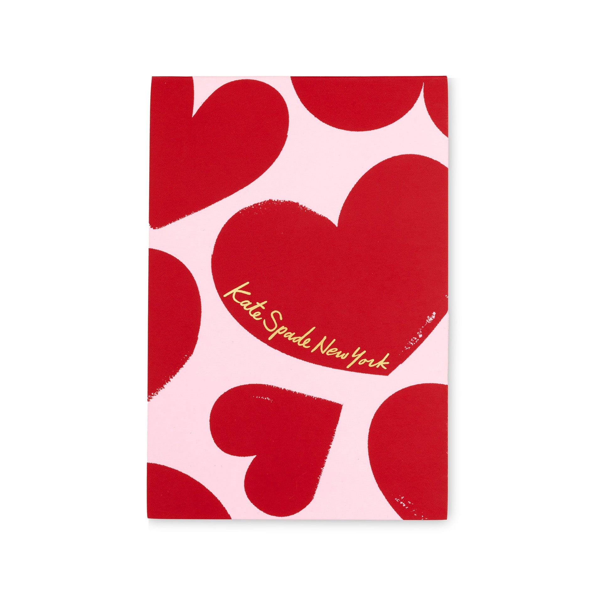 Notebook with red heart pattern and Kate Spade New York logo on a white background