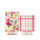 Two can coolers with floral and plaid designs on a white background