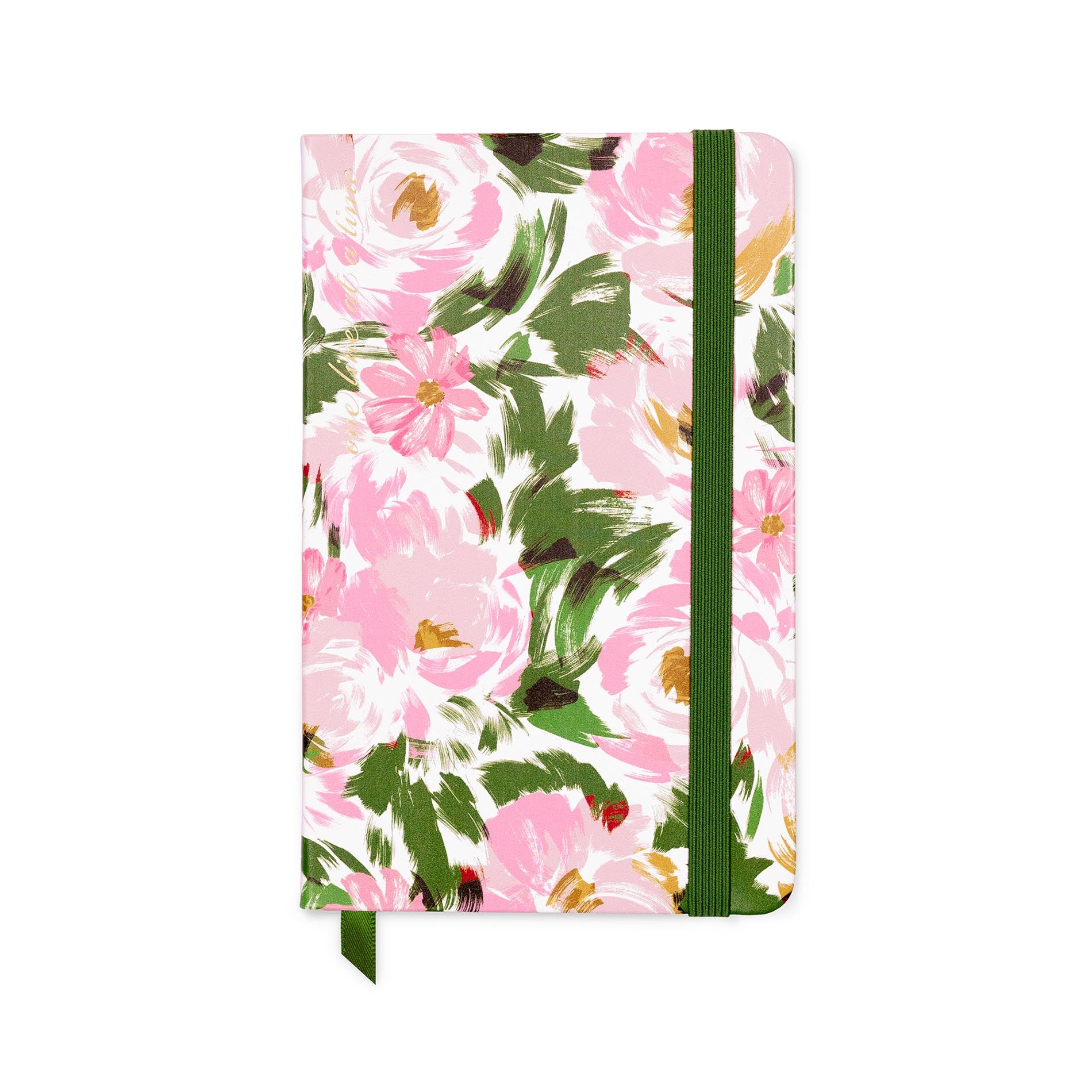 Floral notebook with pink flowers and green leaves on a white background